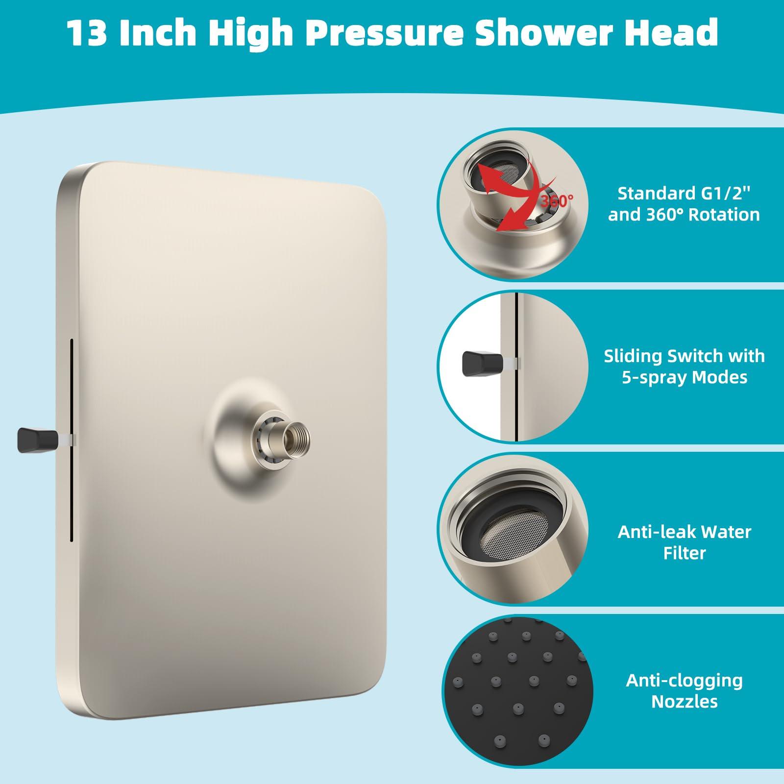 Hibbent 5 Spray Modes Shower Head, 13'' High Pressure Rain Shower Head, Large Rainfall Showerhead, High Flow Waterfall Bathroom Fixed Showerheads, Adjustable Swivel Ball Joint, Brushed Nickel - Image 6