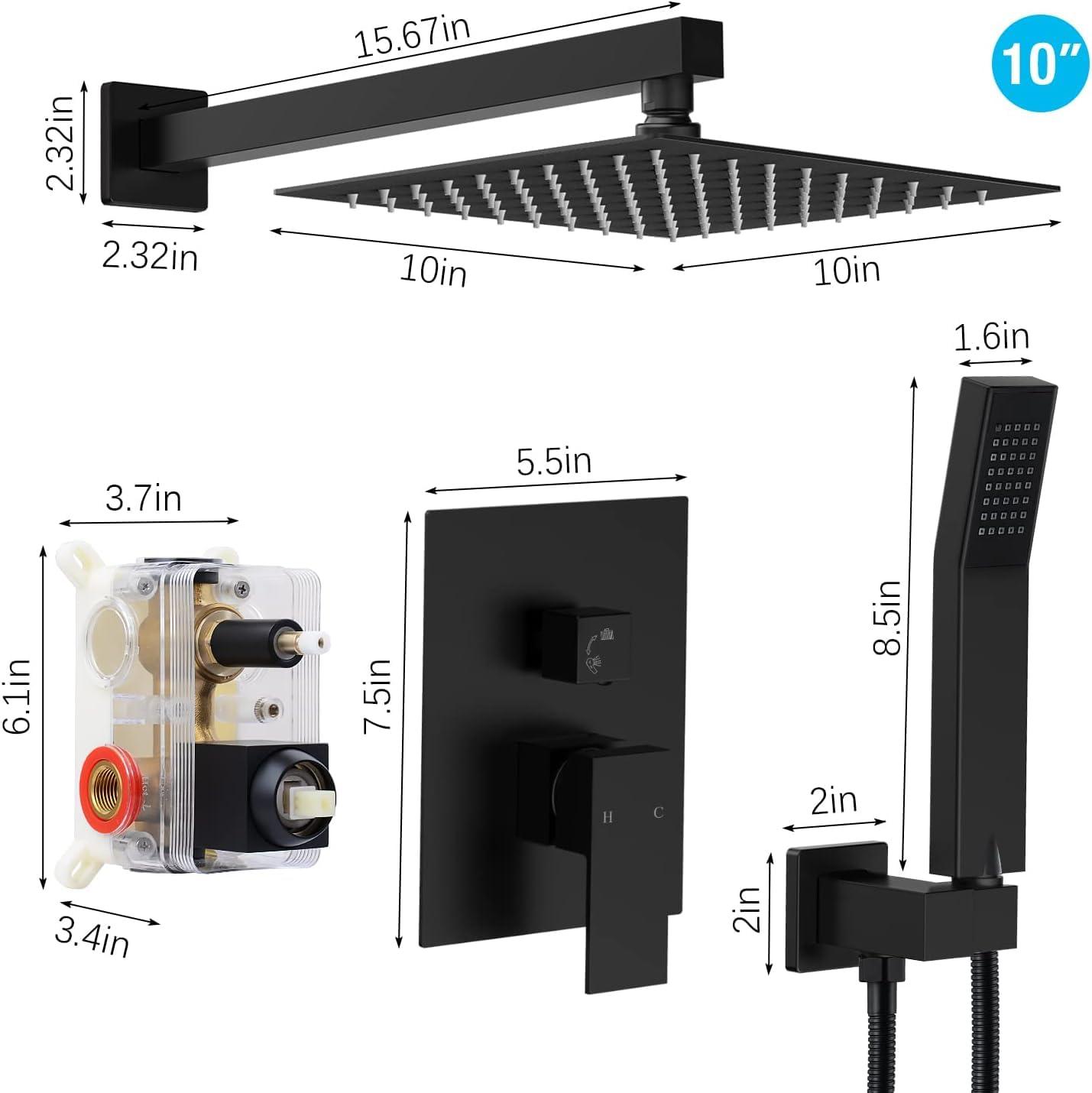 Qomolangma 10 inch Rain Shower System, Black Shower Faucet Set with Pressure Balance Valve, Wall Mounted 2-Functions Bathroom Shower Systems with Rain Shower and Handheld Spray Shower Trim Included - Image 3