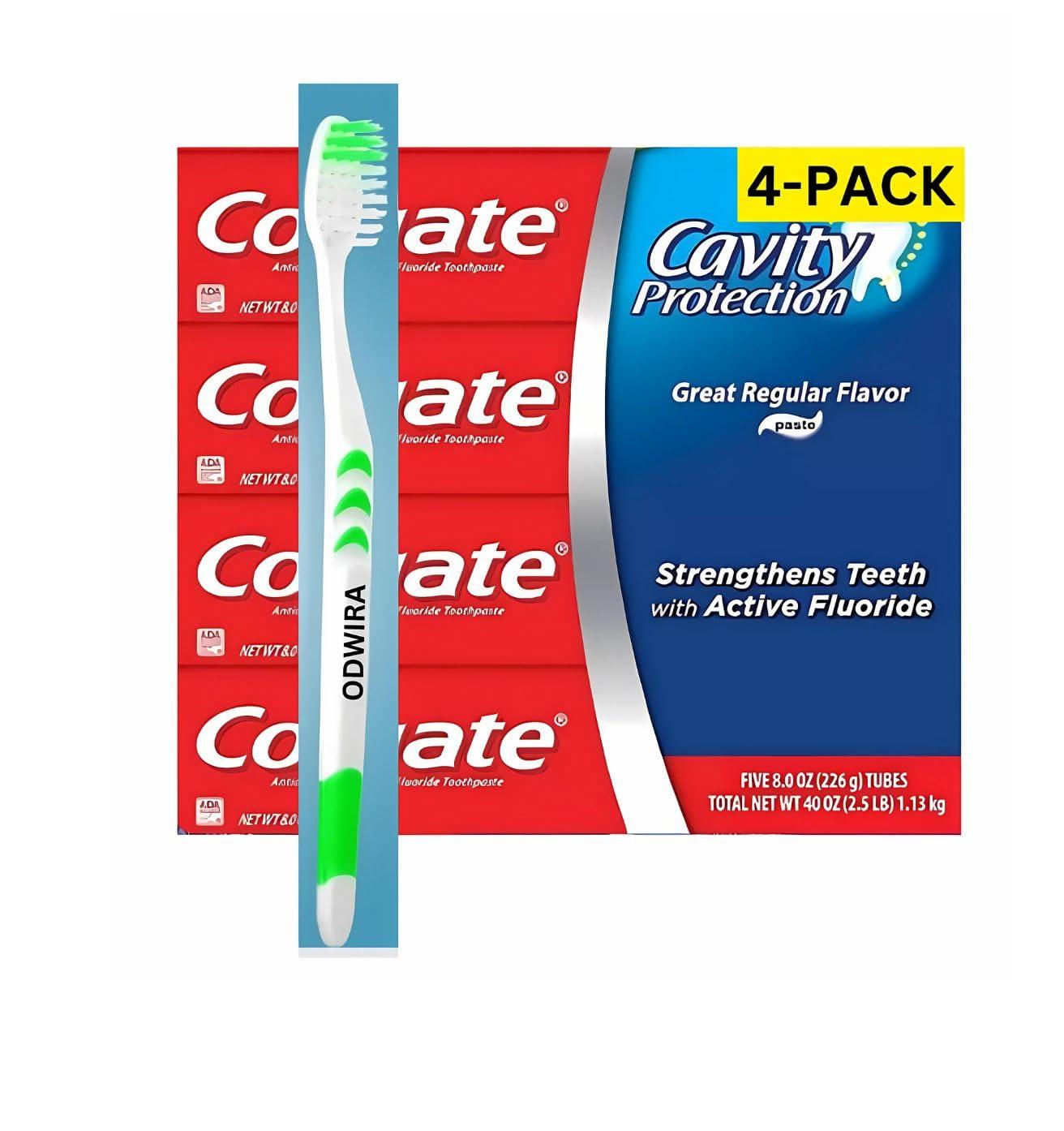 4-Pack Cavity Protection Fresh Toothpaste with Fluoride, Regular Flavor, 8oz, (Total 32 oz) Plus 1-Pack ODWIRA Toothbrush for Colgate Toothpaste
