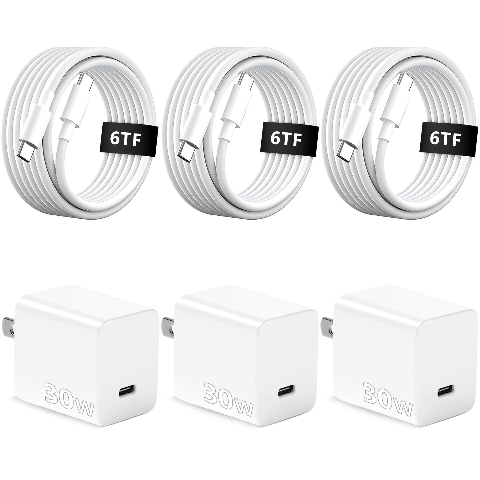 iPhone 15 16 Charger Nano Fast Charging 3+3Pack 30W GaN USB C Charger Block Type C Chargers 6FT Cord Wall Chargers Compatible with iPhone 16/16 Plus/16 Pro/16 Pro Max/15/15 Pro Max/iPad Pro/AirPods