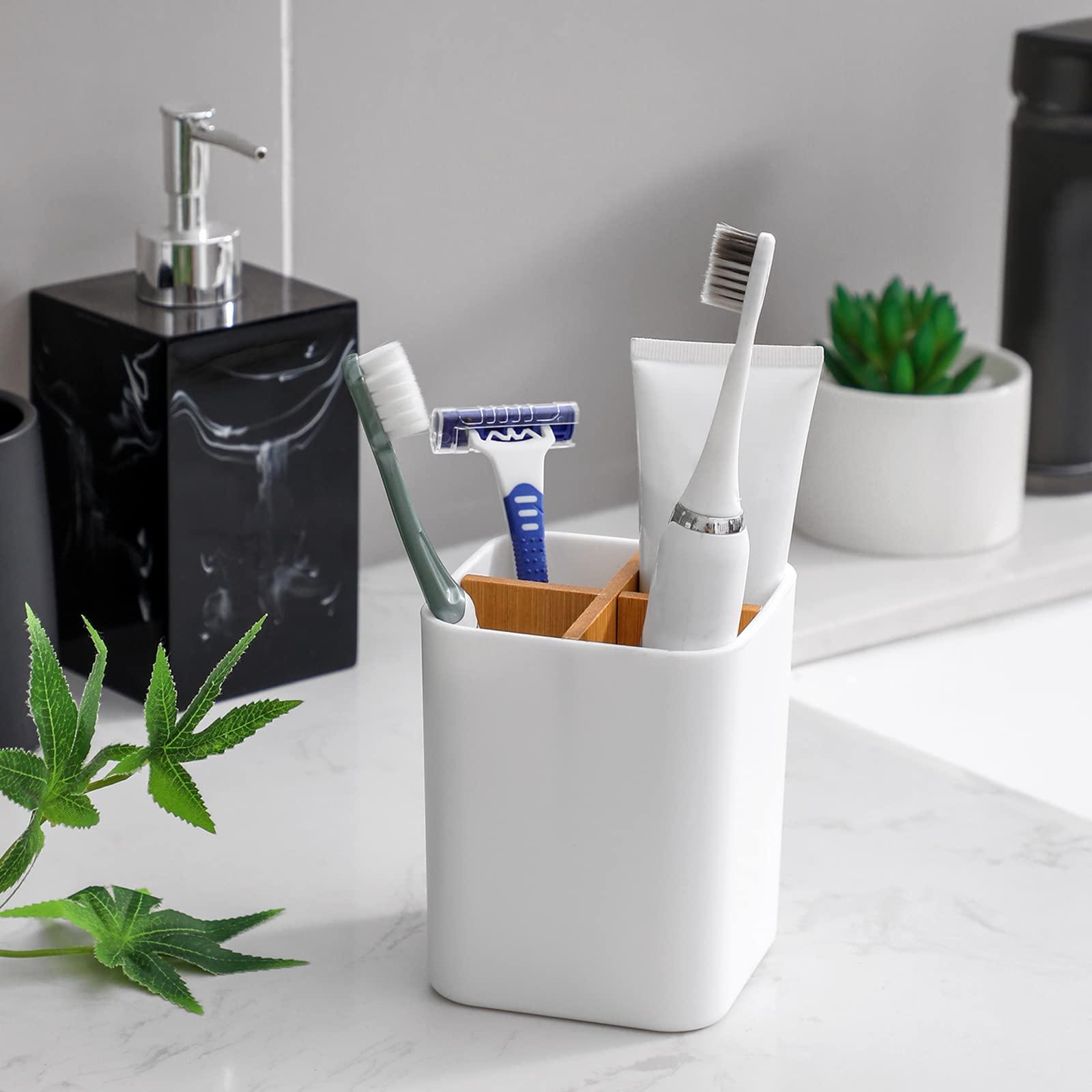 Bamboo Toothbrush Holder for Bathrooms, 4 Slots Toothbrush and Toothpaste Holder Bathroom Counter Organizer for Electric Toothbrushes, Floss, Razors - White - Image 2