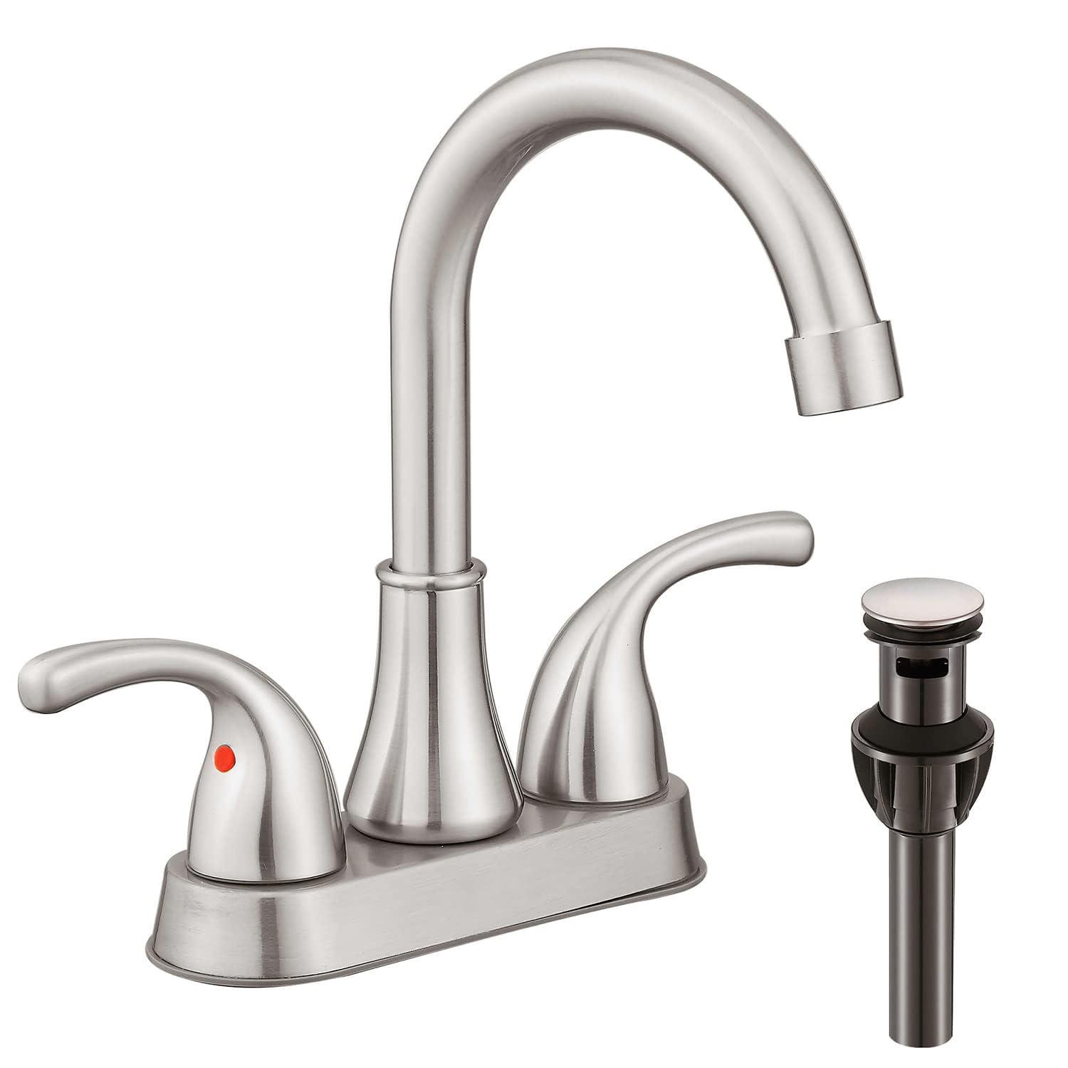 Bathroom Sink Faucet FRANSITON 4 Inch Faucet 2 Handle Bathroom Sink Faucets Lead-Free Brushed Nickel Bath Sink Faucets with Pop-up Drain Stopper and Supply Hoses