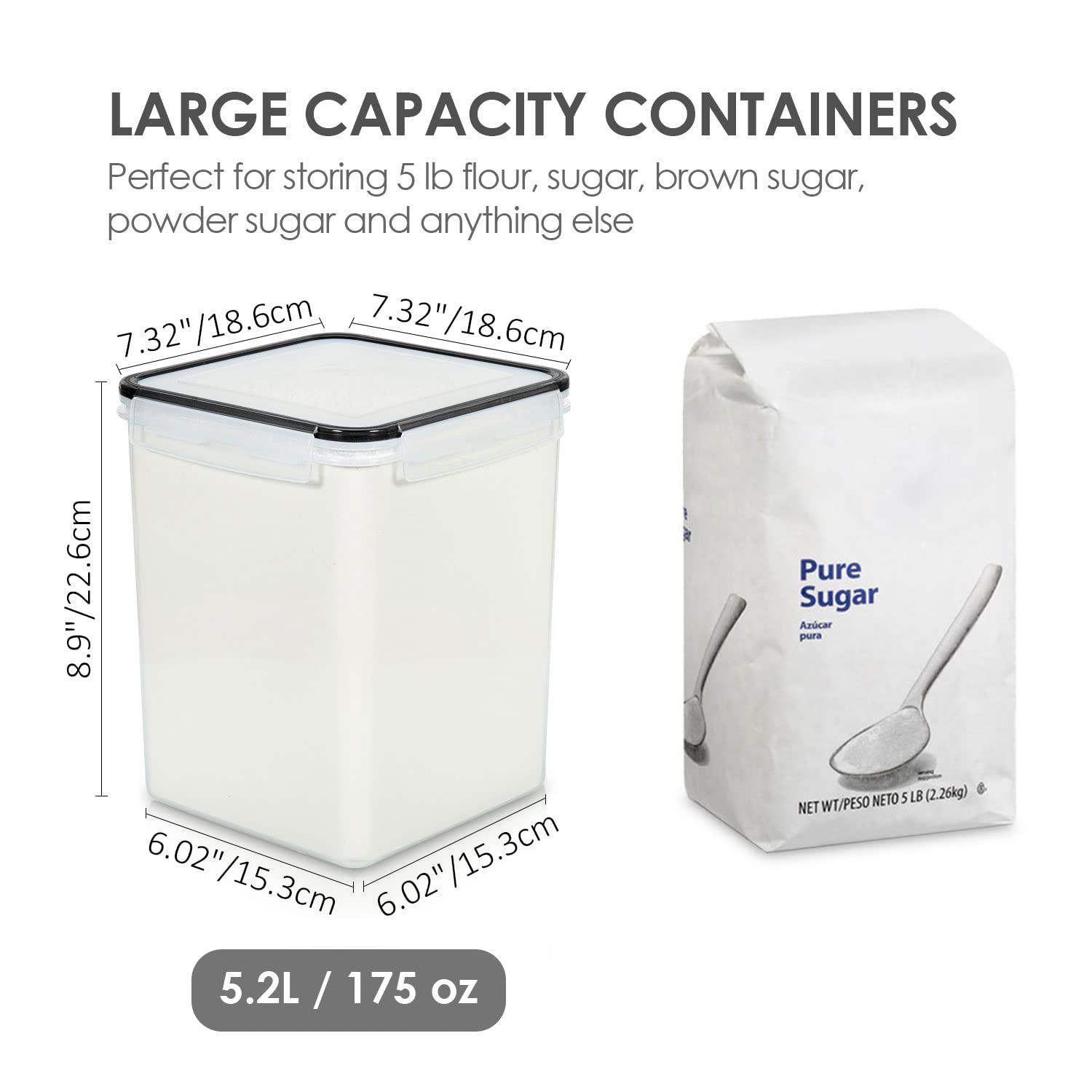 Vtopmart 4 PCS Large Food Storage Containers 5.2L / 175oz, 4 Pieces BPA Free Plastic Airtight Canisters for Flour, Sugar, Baking Supplies, Rice with Lids, 4 Measuring Cups and 24 Labels, Black - Image 2