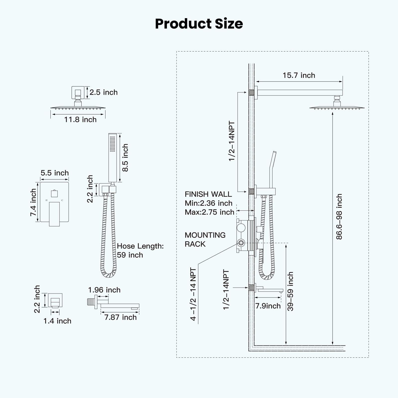 gotonovo Matte Black Shower Faucet Wall Mount Triple Function Bathroom Shower System with Tub Spout High Pressure Square 12 inch Rain Showerhead Hand Shower Rough-In Valve and Trim Included - Image 2