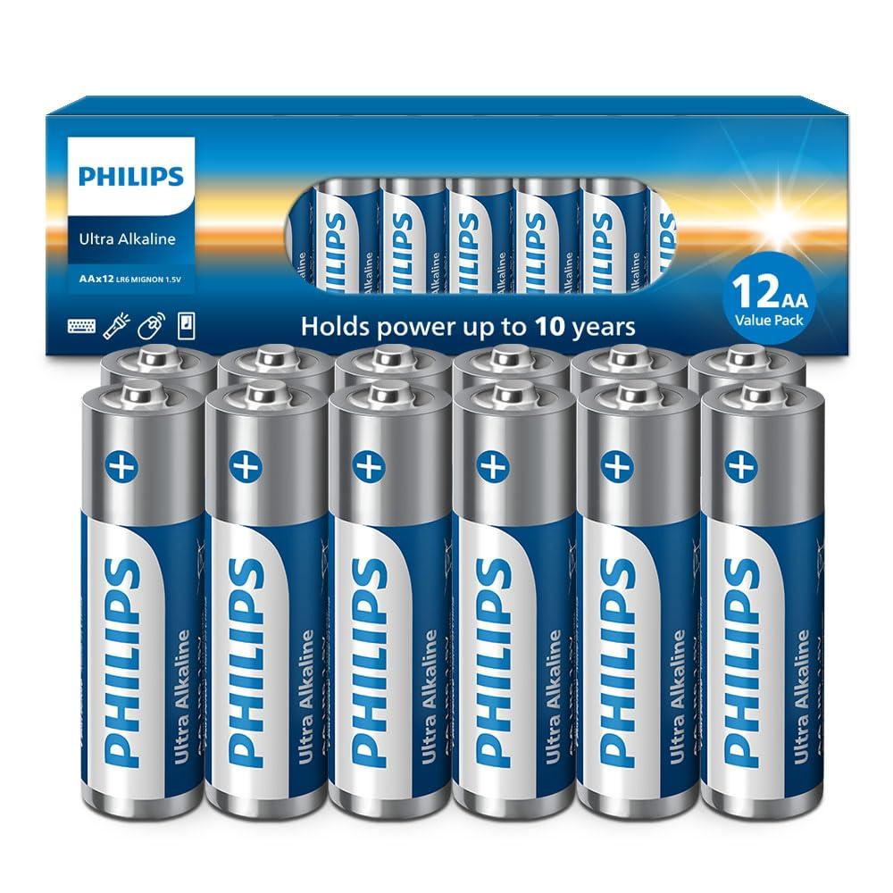 PHILIPS AA Batteries 12 Pack 1.5v Ultra Alkaline Double A Batteries, 10-Year Shelf Life, Ideal for Blink Outdoor Battery, Alarm System, Doorbell, Smoke Detector Batteries. [Non-Rechargeable]