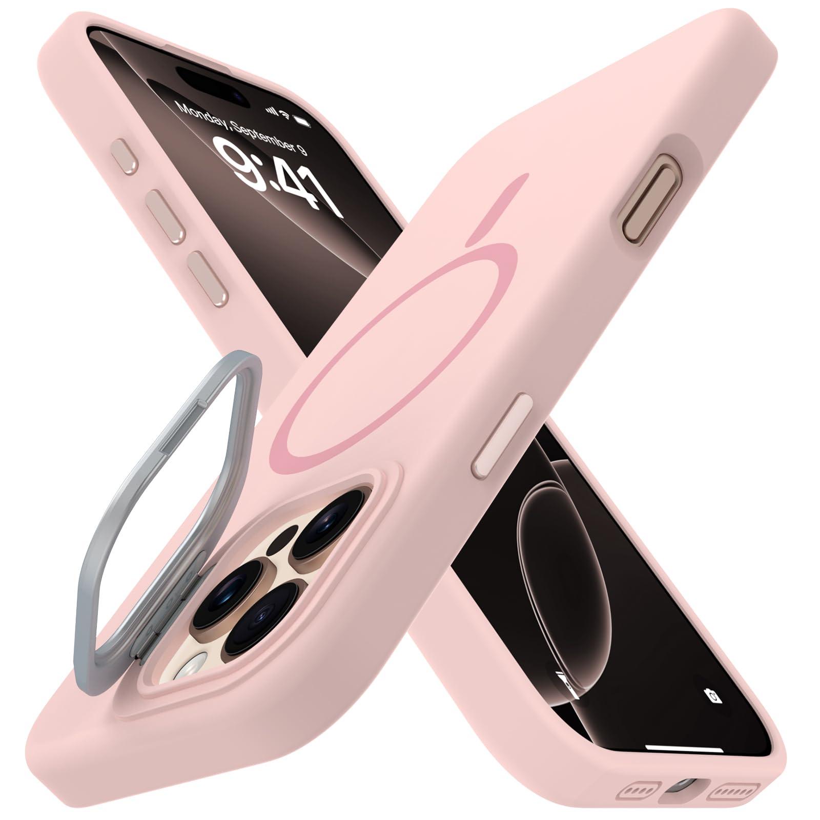 Vanxiliiy for iPhone 16 Pro Max Liquid Silicone Case with Invisible Camera Ring Stand Compatible with Magsafe, Slim Metal Buttons Anti-Impact Magnetic Protective Case for iPhone 16 Pro Max 6.9", Pink