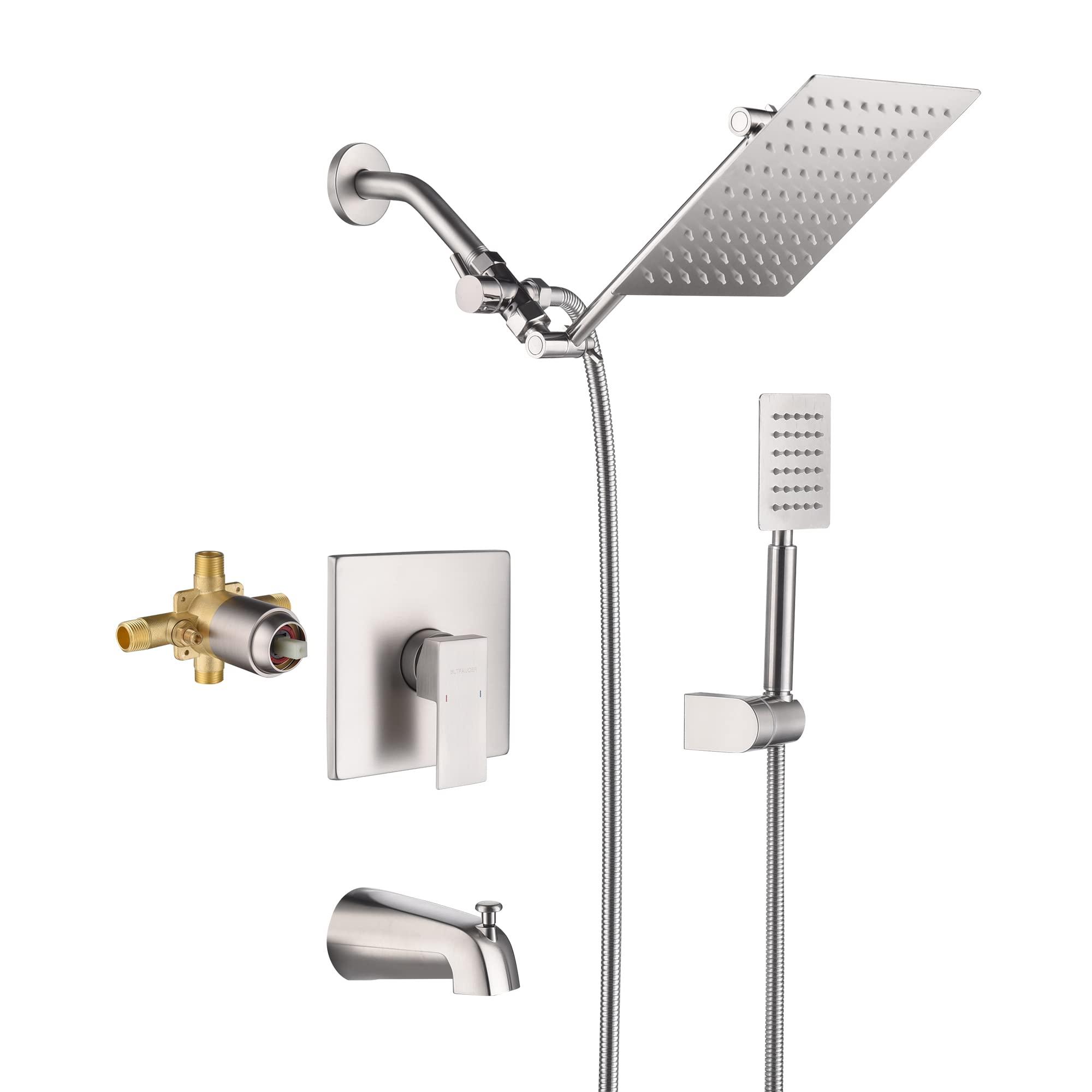 BLTFAUCER Tub Shower Faucet with 8 Inch Shower Head and Handheld, Shower Faucet Set Complete with Adjustable Extension Shower Arm, Tub Spout, Pressure Balance Rough-in Valve Included(Brushed Nickel)