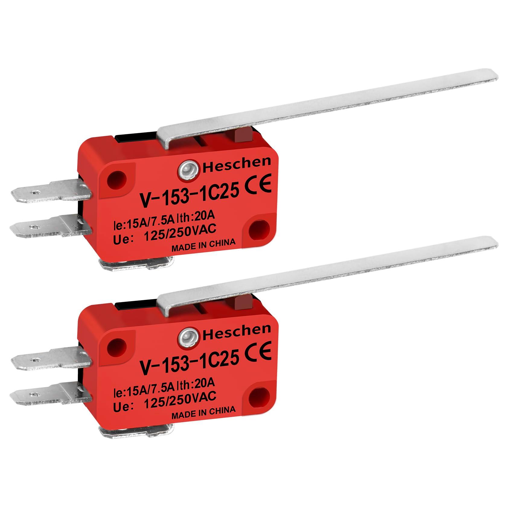 Heschen Micro Switch, V-153-1C25, SPDT, Long Hinge Lever, 20A 250VAC, 2 Pack