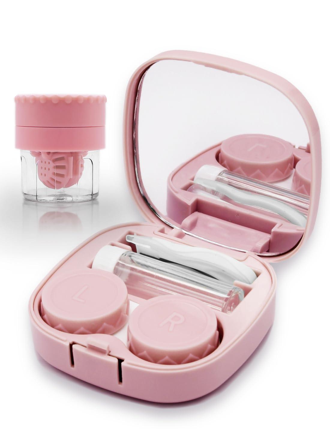Vastsoon Contact Lens Case with Cleaner Washer, Travel Size Cute Colored Contact Lenses Applicator Removal Tool Kit with Mirror Solution Bottle for Daily Outdoor (Pink)