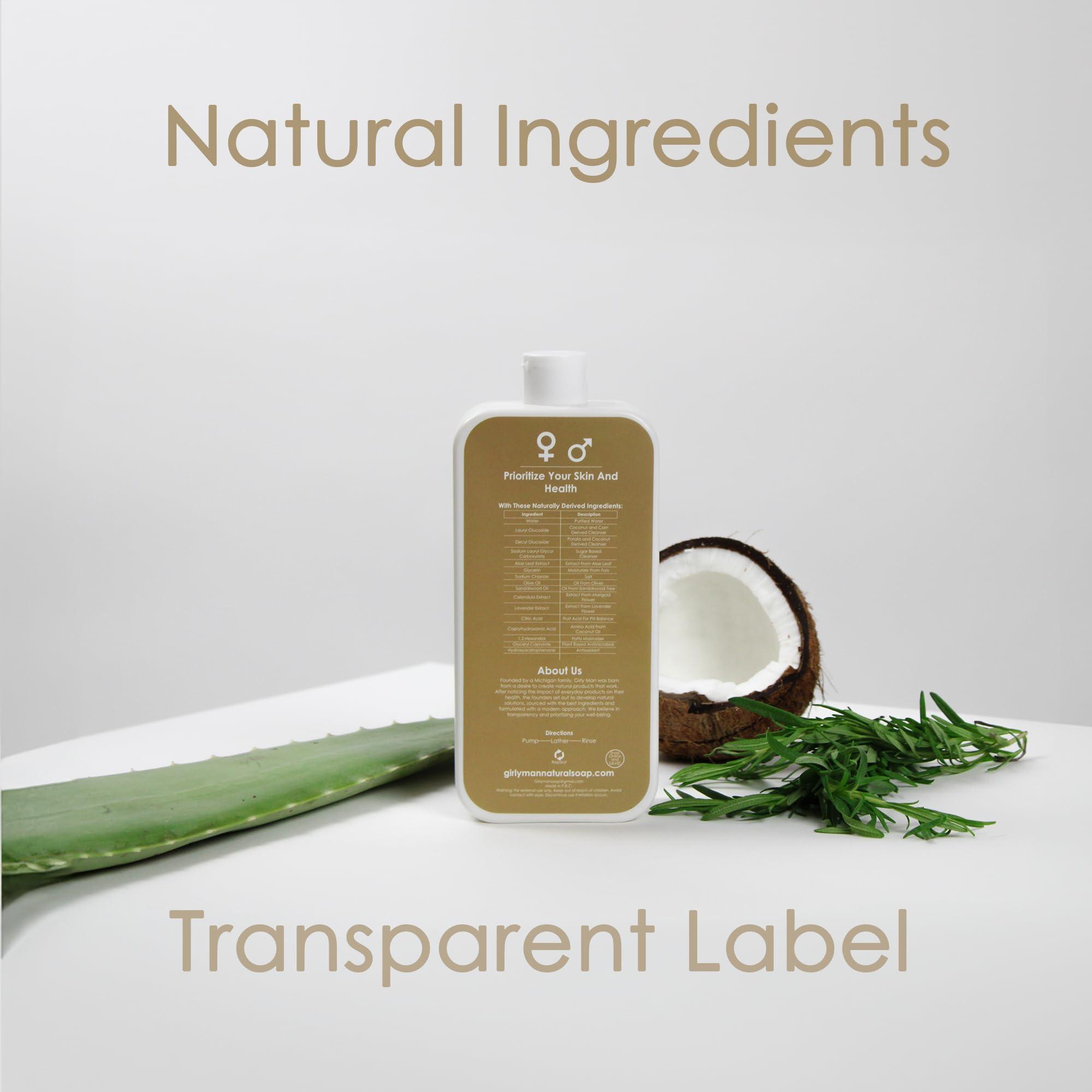 GirlyMan Natural Body Wash - Made with Olive Oil & Aloe Extract, No Artificial Fragrance, PH Balanced, Gentle Formula, Nourishing Ingredients, Family Owned (Sandalwood) - Image 4