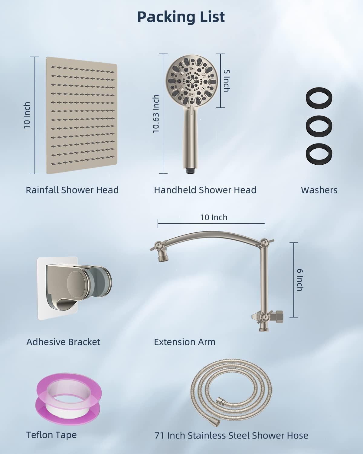 Hibbent All Metal Shower Head,10'' High Pressure Rain Shower Head/Handheld Showerhead Combo with 16'' Adjustable Shower Extension Arm, 7-Spray, 71'' Hose Adhesive Showerhead Holder, Brushed Nickel - Image 2