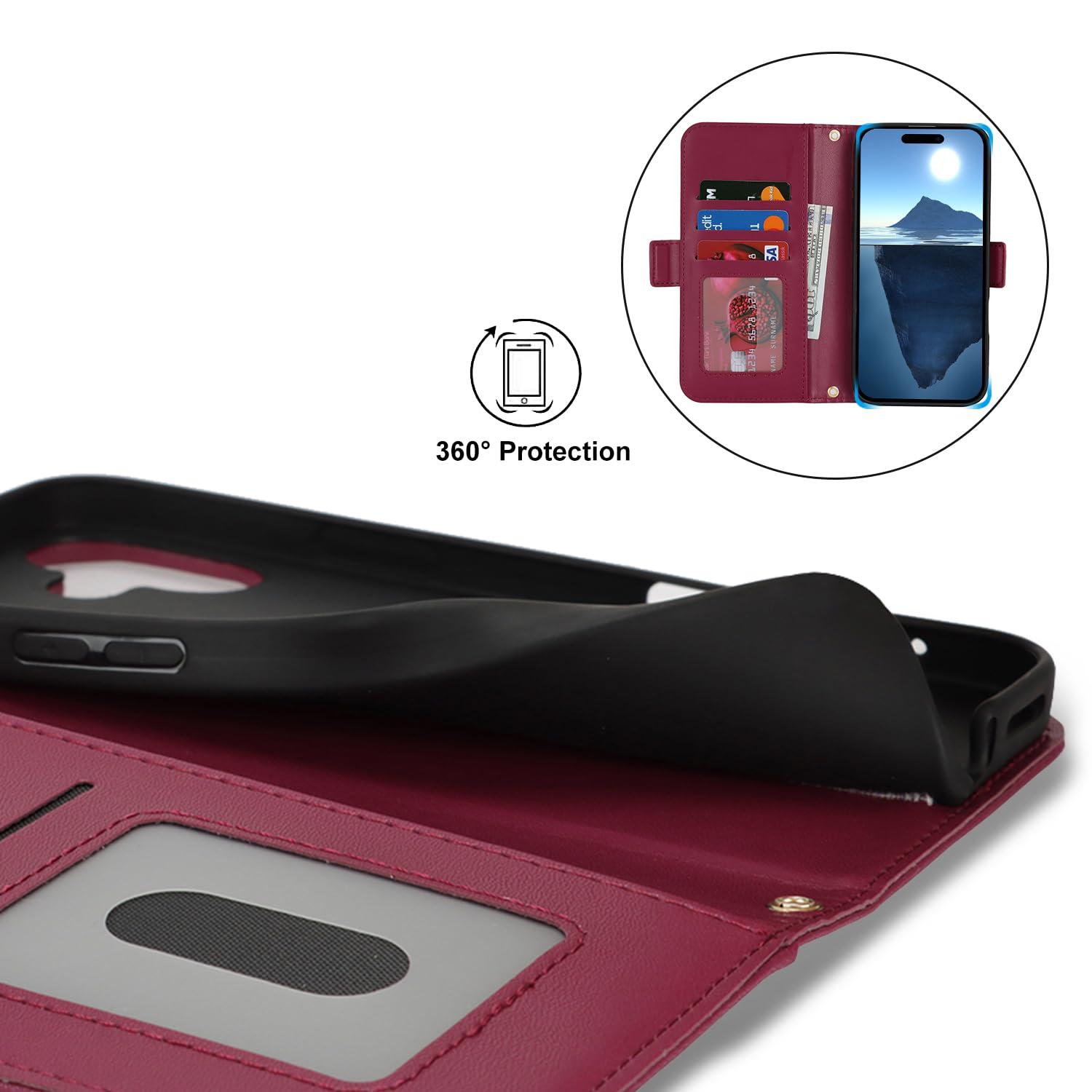 Lipvina for iPhone 16 Wallet Case for Women,Zipper Pocket,PU Leather Phone Case Stand flip Cover Crossbody Lanyard Strap Zipper Credit Card Holder Slots for Apple 16,Wine Red - Image 5