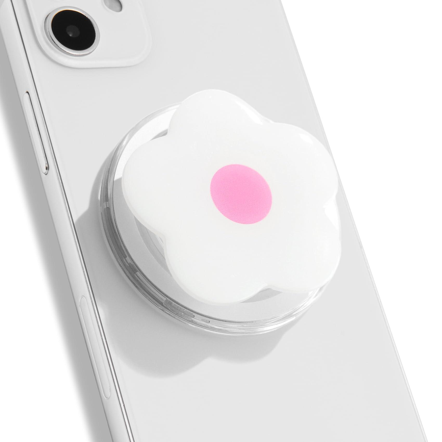 OnTheGrip Compatible with Magsafe Magnetic Authentic Solid Color Daisy Flower Design Collapsible Mobile Phone Grip Stand Holder for Smartphone Tablet Cell Phone Accessory (Magsafe Type, White Pink)