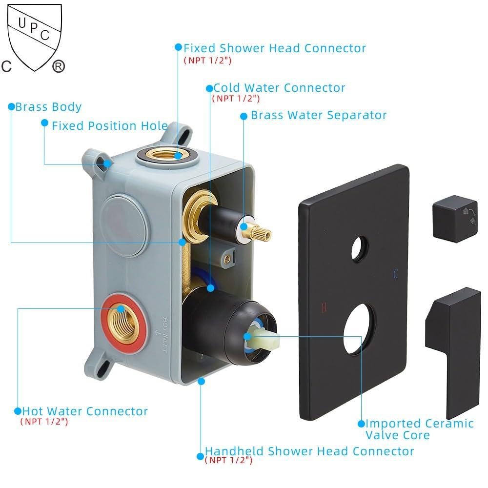 JingGang 12 Inch Ceiling Mount Matte Black Shower System Bathroom Luxury Rain Mixer Shower Combo Set Ceiling Rainfall Shower Head System (Contain Shower Faucet Rough-in Valve Body and Trim) - Image 7