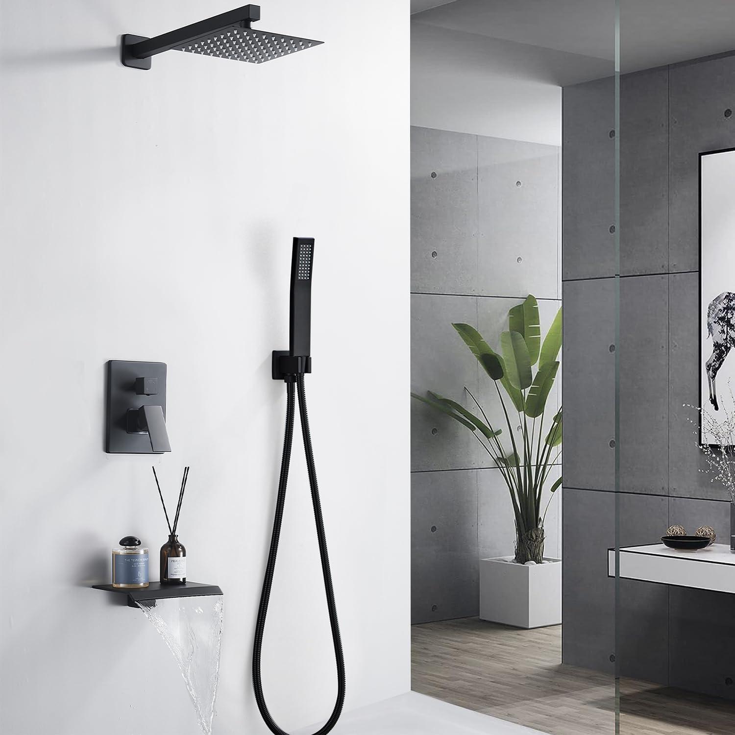RTOBWEYE 8 Inch Shower Faucet Set, Rainfall Shower System with High Pressure Handheld Shower Head, Bathroom Mixer Shower Set Wall Mounted Rough-in Valve and Trim Kit, with Tub Spout - Image 2