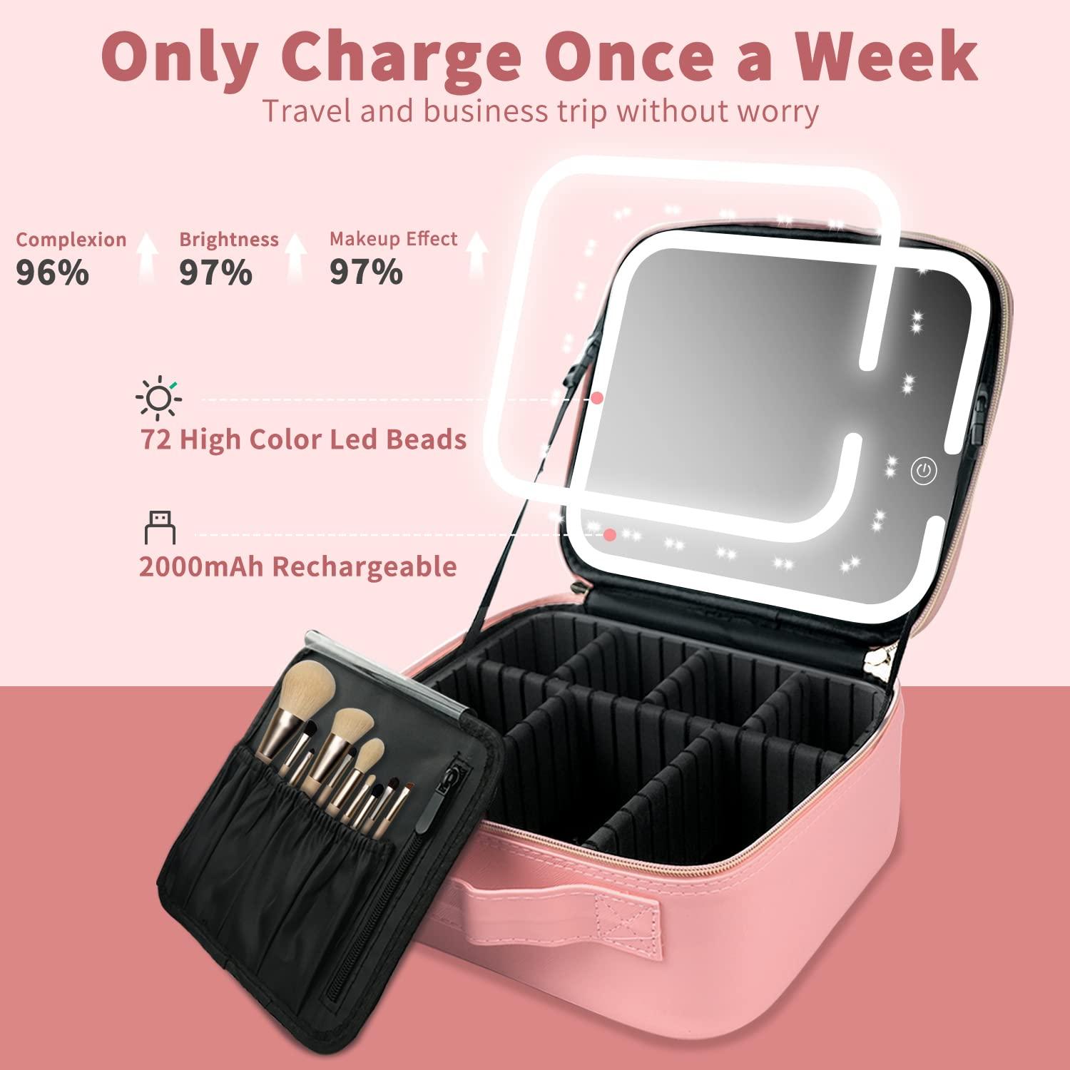 Makeup Case with Lighted Mirror 3 Color Setting,Travel Makeup Bag with Led Mirror with Adjustable Divider,Light Up Makeup Bag Cosmetic Organizer for Makeup Brush,Makeup Accessories,Tools Case,Women - Image 4
