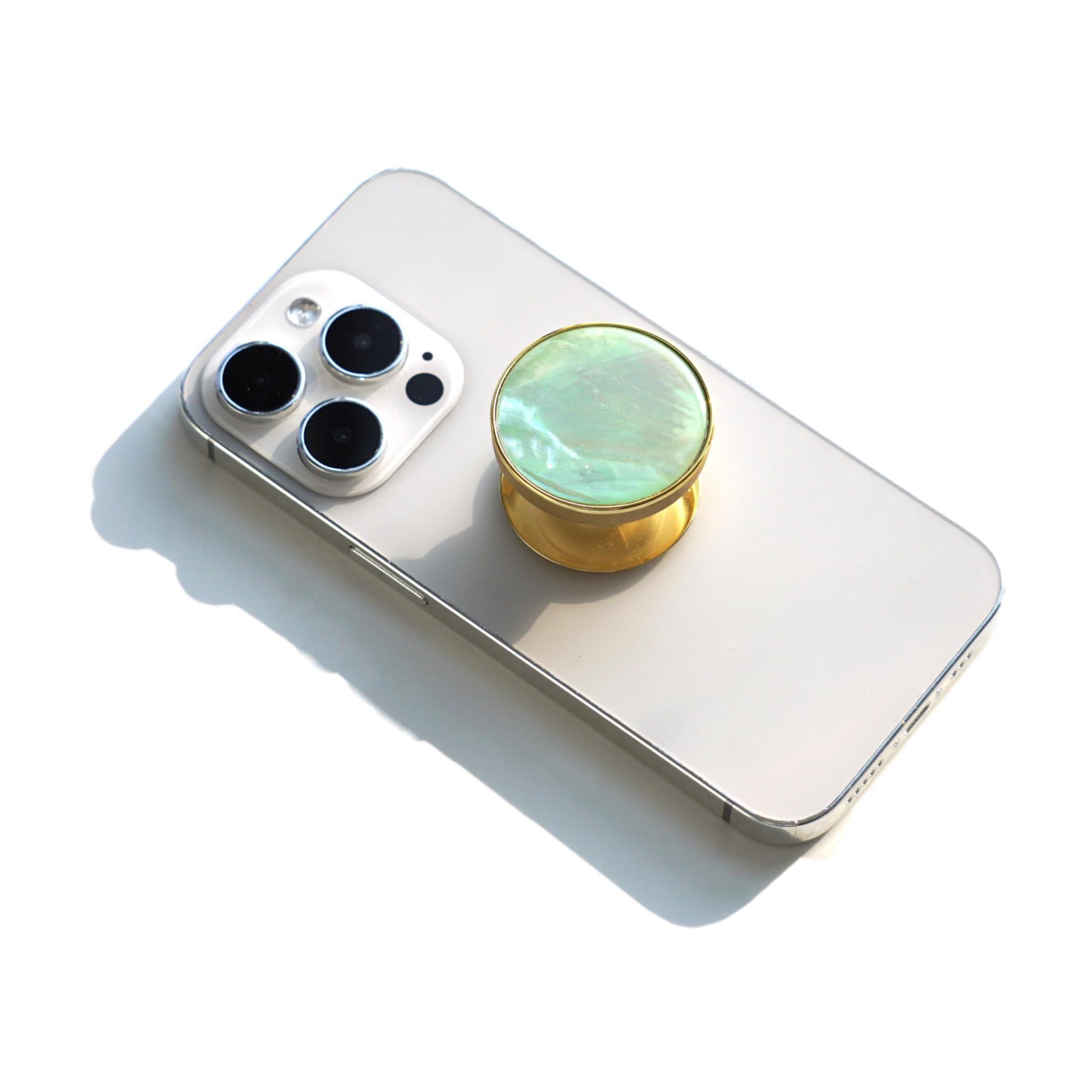 Cute Natural Abalone Shell Round Design Foldable Phone Handle, Phone Accessory for Smartphones or Tablets (Adhesive, Green Abalone Shell)