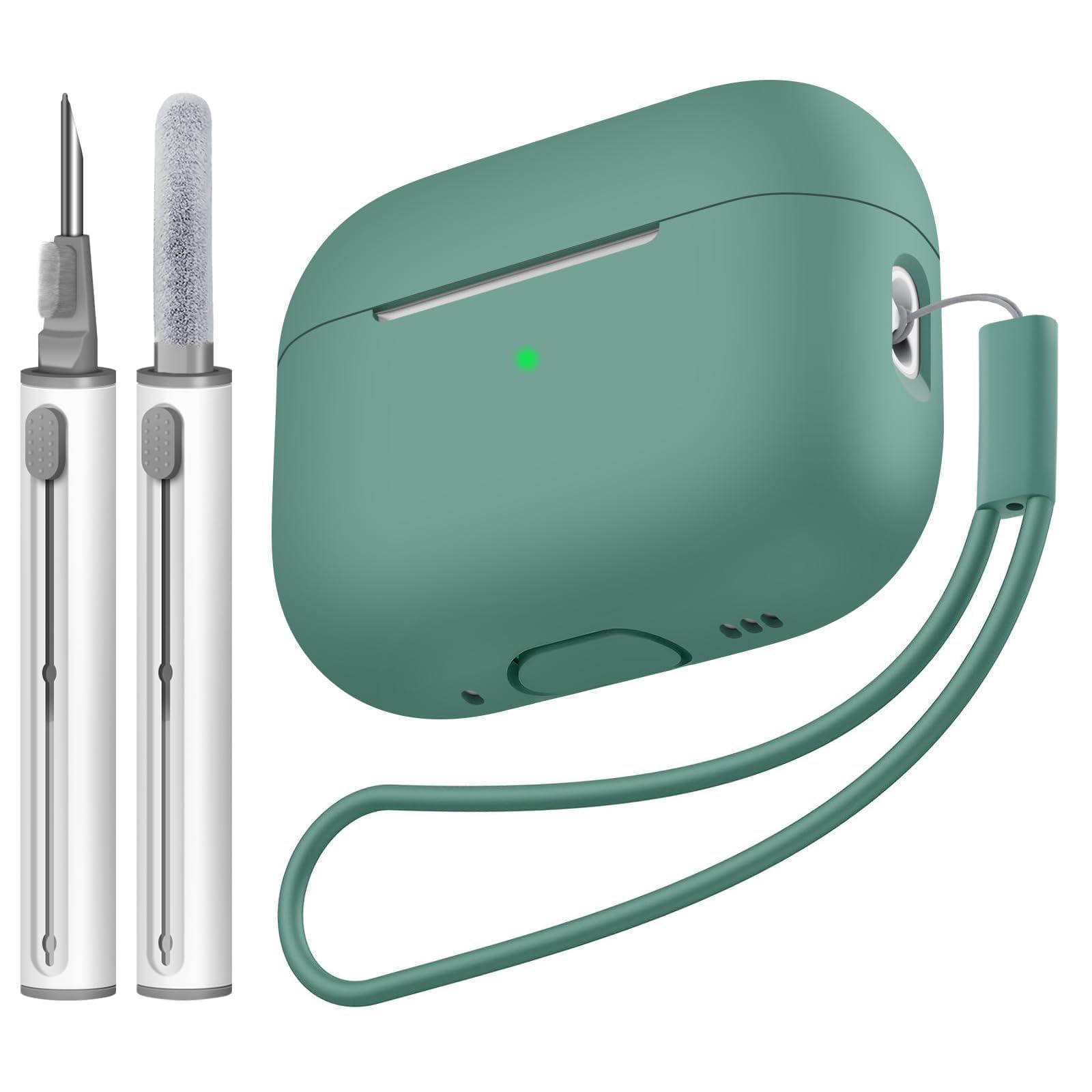 Tandoler Compatible with Airpods Pro 2 Case, Soft Silicone Skin Cover Protective Cases with Cleaner kit and Lanyard Compatible for AirPod Pro 2nd Generation, Front LED Visible-Pine Green