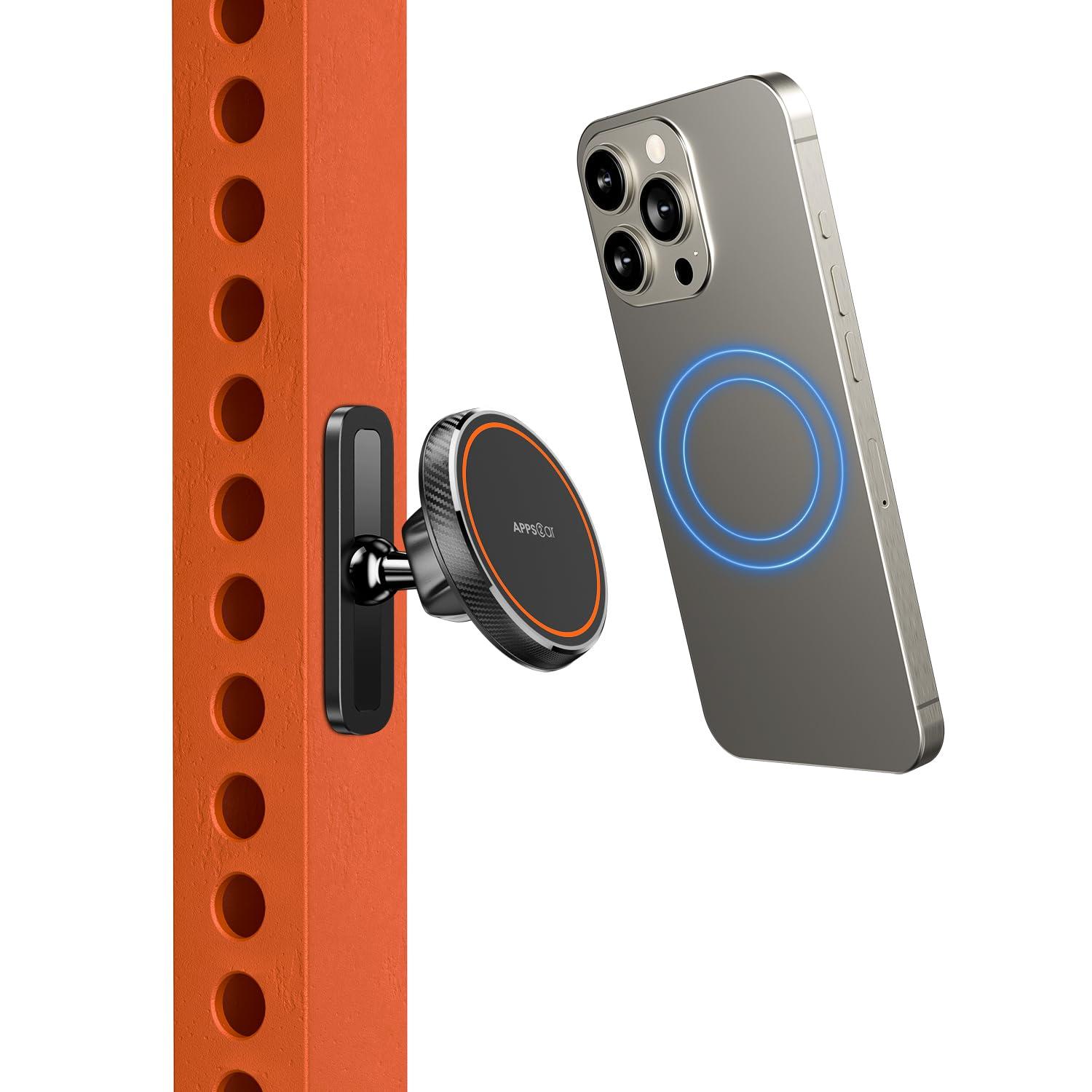 APPS2Car Magnetic Phone Holder for Gym, Alloy Base & Ball Joint, Attach to Metal Surfaces, Dual Magnetic Phone Mount for MagSafe iPhone 12-16 Series