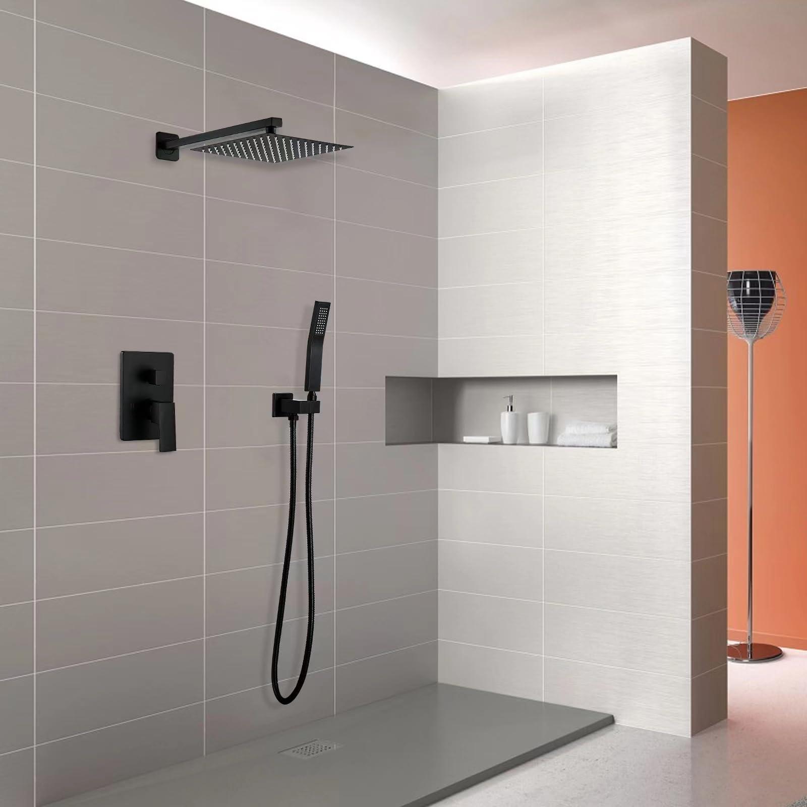 BALLEERUN Shower Faucet Kit 10-Inch Matte Black Showerhead and Handle Kit Bathroom Deluxe Rain Shower Combo Kit with Square Rain Showerhead and High-Pressure Handheld Sprayer Shower Valve - Image 2