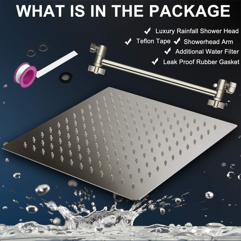 12 Inch Square Rain Showerhead with 11 Inch Adjustable Extension Arm,Large Stainless Steel High Pressure Shower Head,Ultra Thin Rainfall Bath Shower with Easy to Clean and Install-Brushed Nickel - Image 3