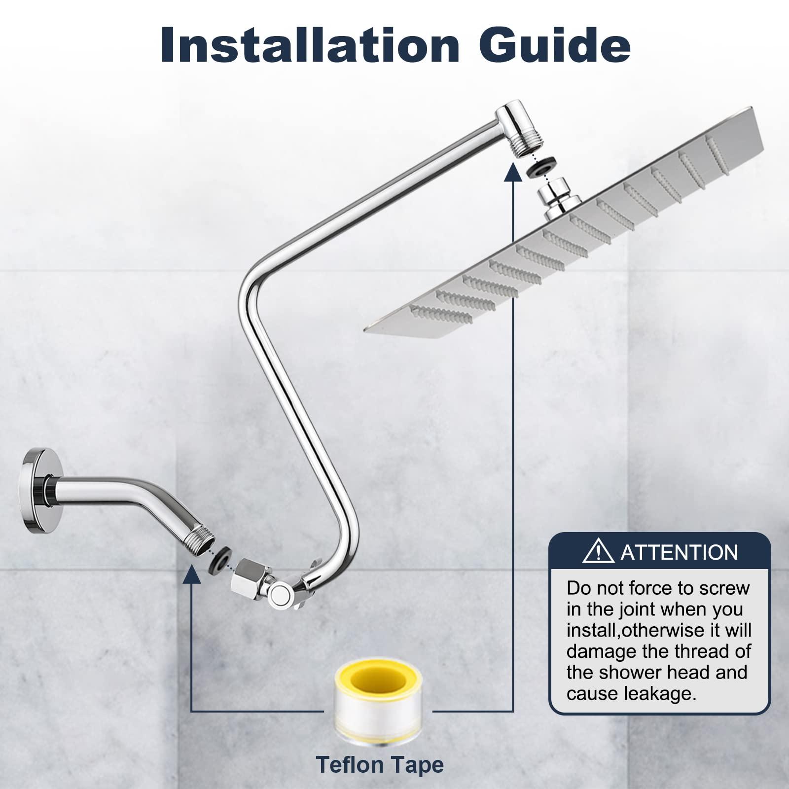 PDPBath 12" Rain Shower Head with Upgrade Adjustable Extension Arm, 304 Stainless Steel High Pressure Rainfall Showerhead, All Metal Large Square Waterfall Fixed Showerhead for Bathroom - Chrome - Image 6