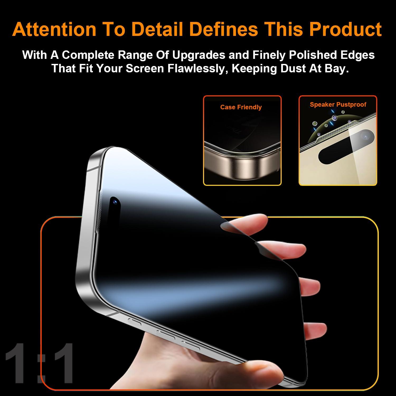 OneFish 2 Pack Privacy Screen Protector for iPhone 15 Pro Max - 4-Way 360° Anti-Spy Tempered Glass, 9H Hardness, 3D Curved Edges, Case-Friendly & Easy Installation - Image 4