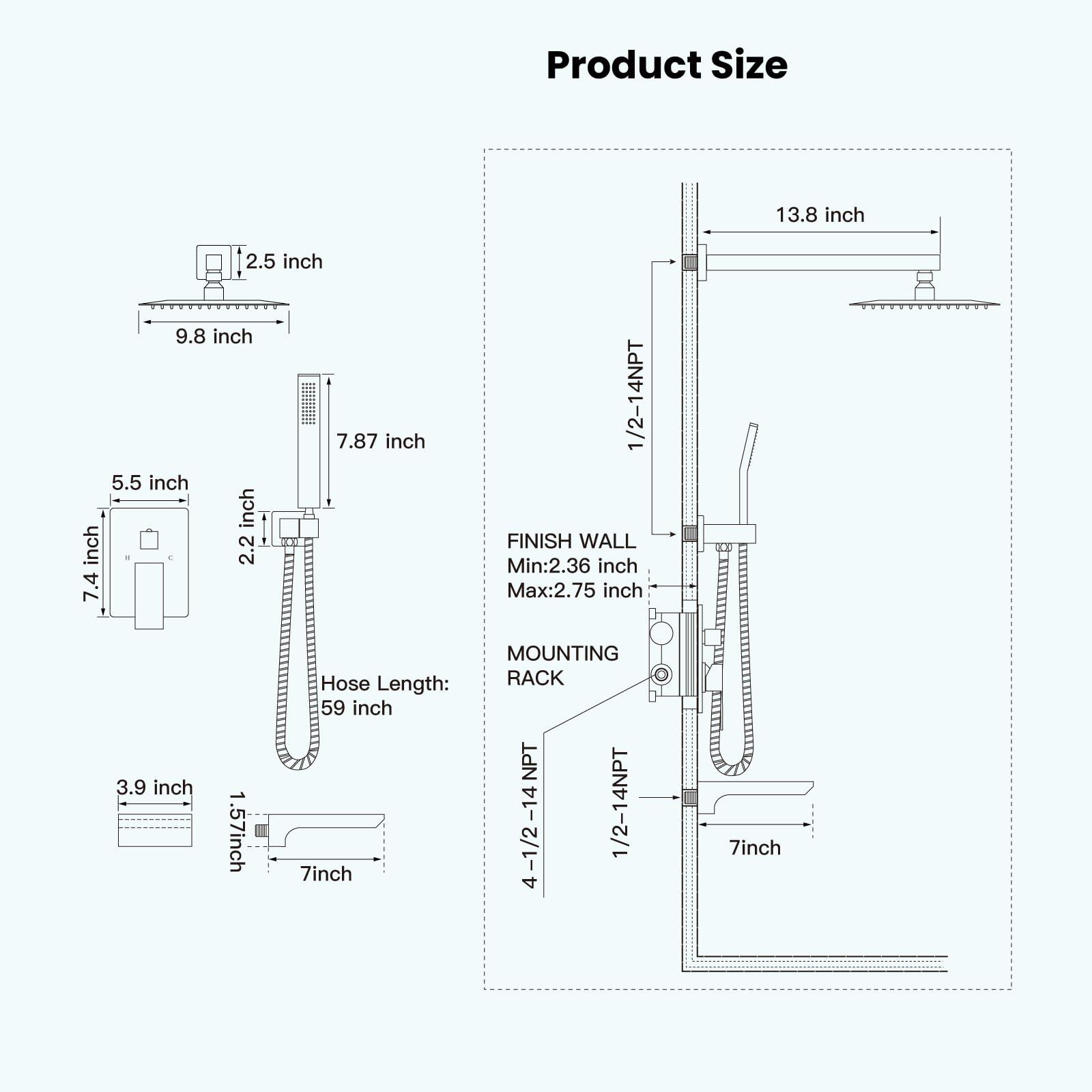 gotonovo Shower System with Tub Spout,Waterfall Tub Shower Faucet Set for Bathroom Head and Handle Set Wall Mounted 3 Function Rough-in Valve and Trim Included 10 inch Shower Head Matte Black - Image 6