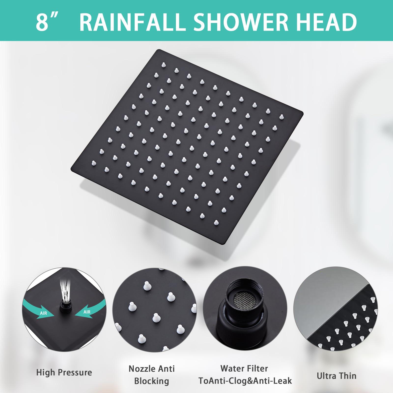 RTOBWEYE 8 Inch Shower Faucet Set, Rainfall Shower System with High Pressure Handheld Shower Head, Bathroom Mixer Shower Set Wall Mounted Rough-in Valve and Trim Kit, with Tub Spout - Image 3
