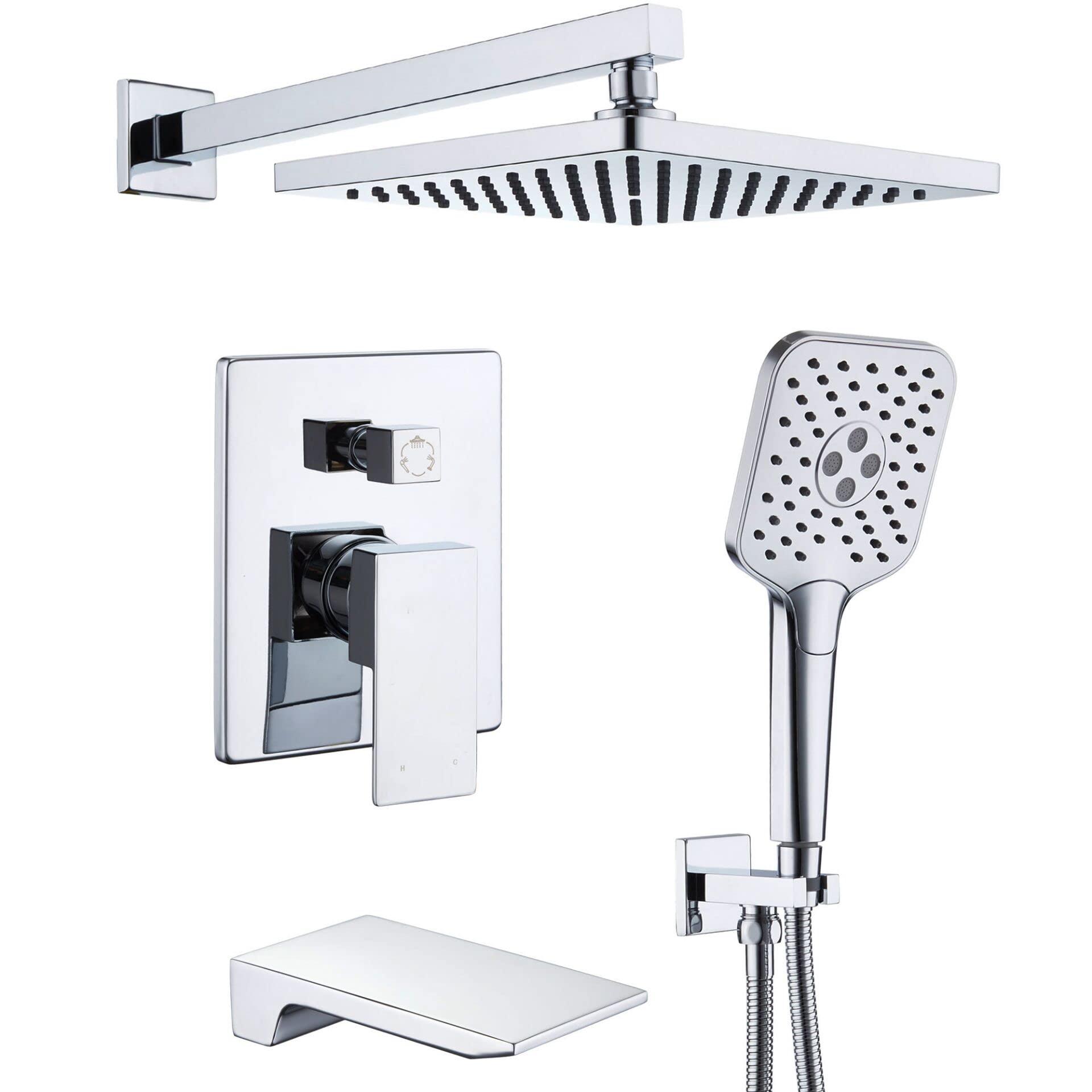 Gabrylly Shower System with Tub Spout, Wall Mounted Tub Shower Faucet Set for Bathroom with High Pressure 10" Rain Shower head and 3-Setting Handheld Shower Head Set,Chrome