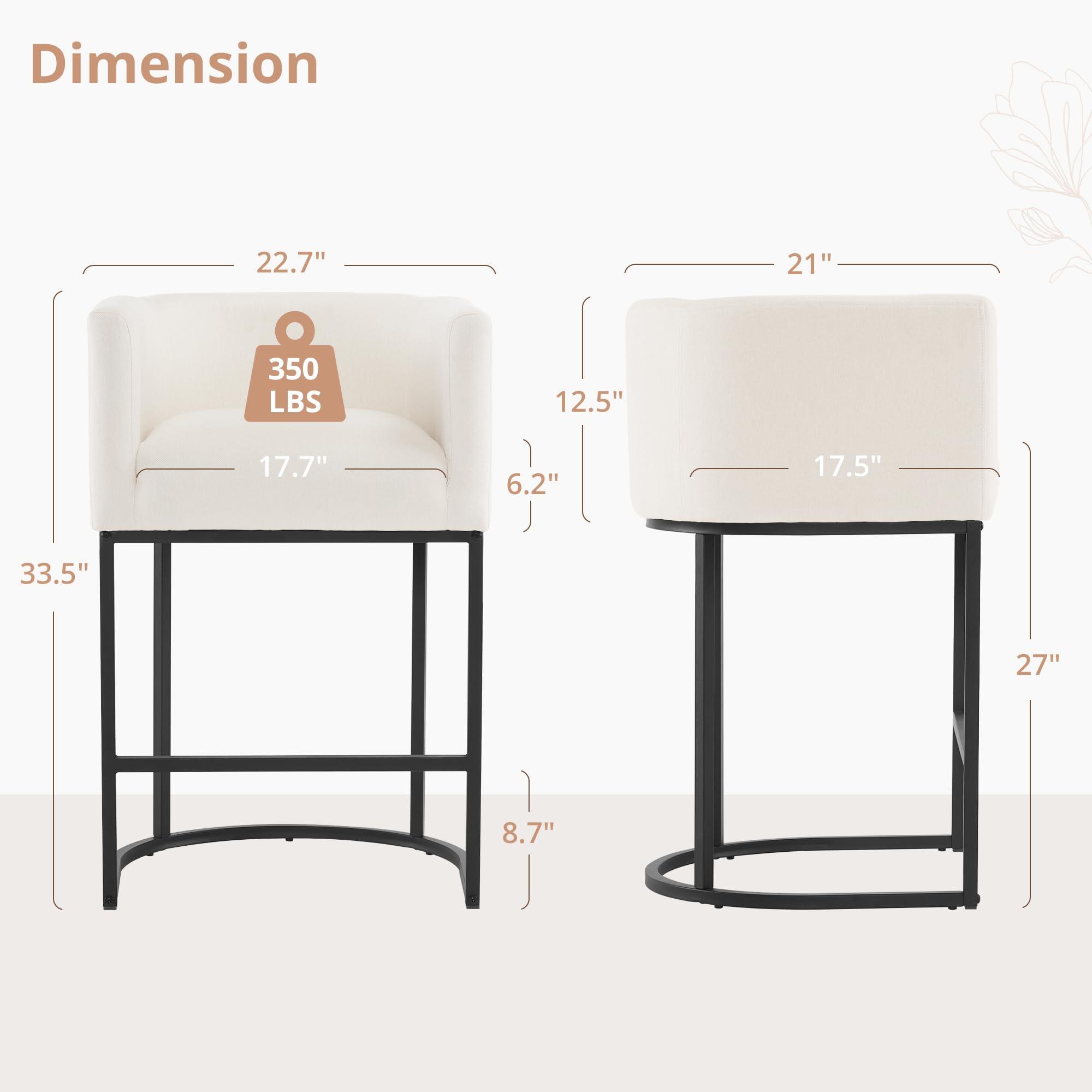 LUE BONA 27" H Counter Height Bar Stools Set of 2, Modern Barrel Counter Stools with Backrest and Arms, Black Metal Frames, Linen Fabric Upholstered Accent Barstools for Kitchen Island, Beige - Image 2