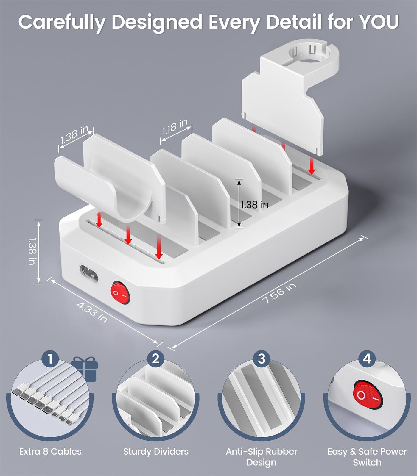 95W Fast Charging Station for Multiple Devices【UL & FCC Certified Safer Charging】 6-Port USB Charging Dock with 2 PD-Port, Compatible with iPhone/Android/MacBook/iPad/Tablet/Kindle/Apple Watch & More - Image 7
