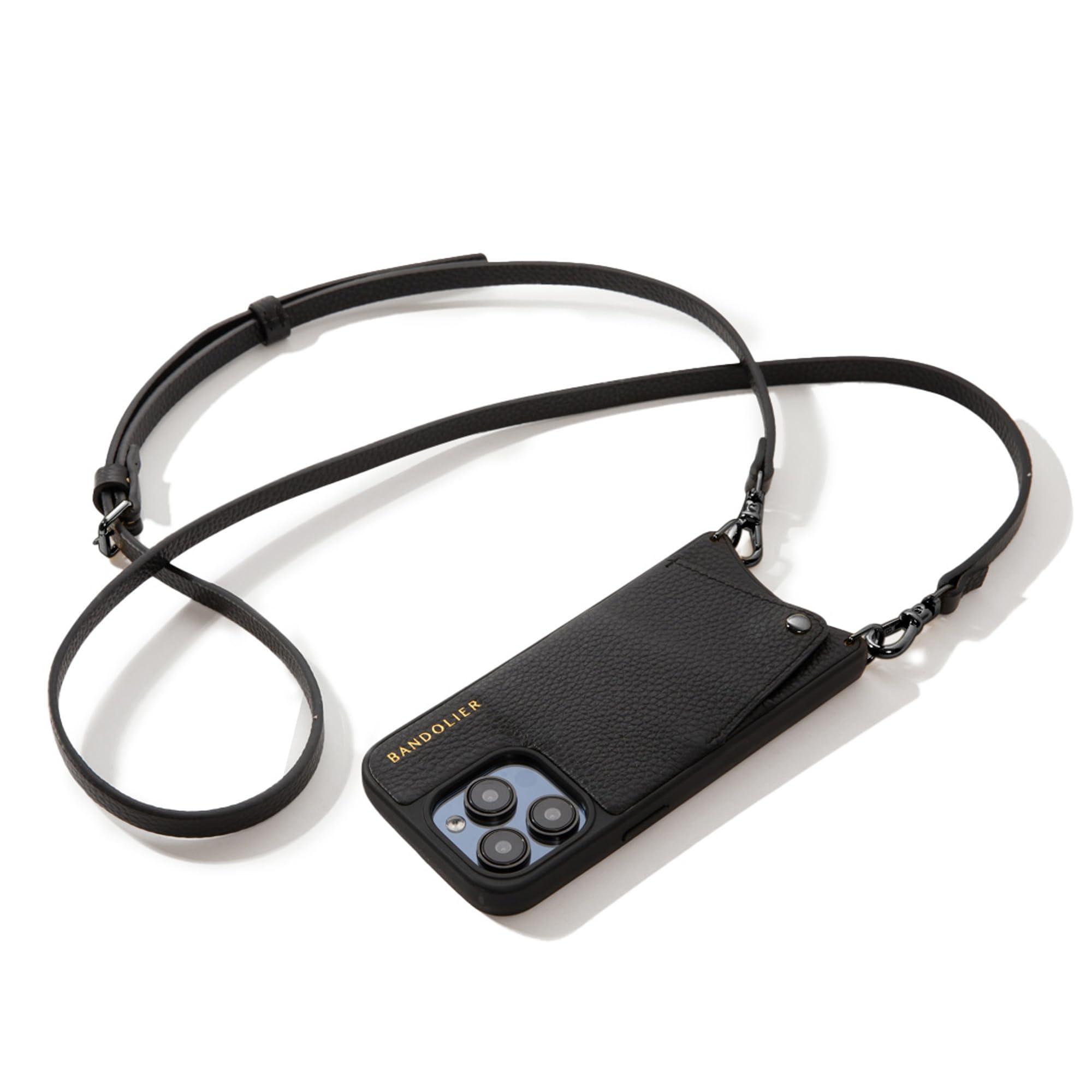 Bandolier Emma Crossbody Wallet Phone Case for iPhone 16 Pro Max. 100% Genuine Pebble Leather. Adjustable & Removable Crossbody Strap. Card Holder with Snap Closure. Black with Pewter Hardware