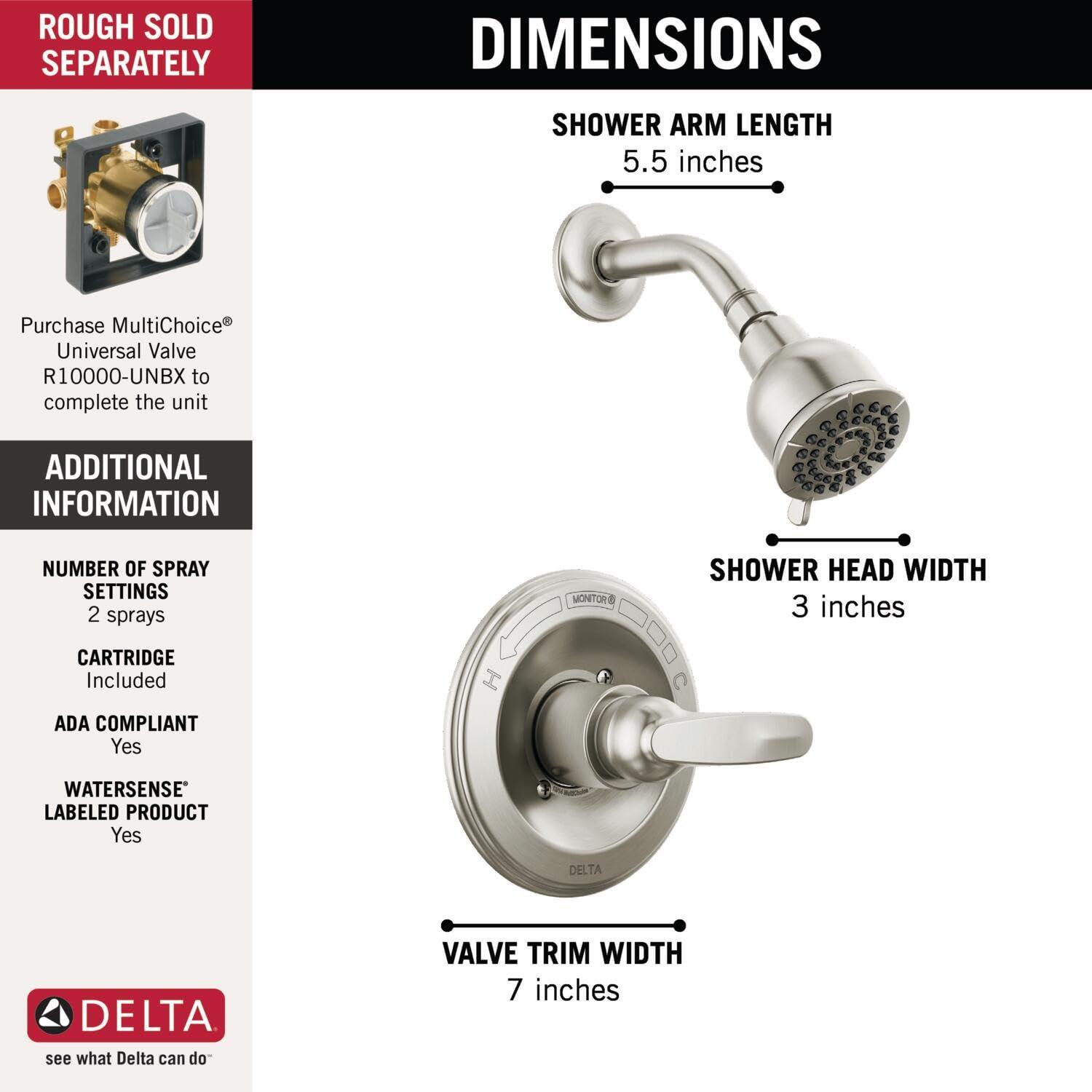 Delta Faucet Foundations Brushed Nickel Shower Faucet Set with 2-Spray Brushed Nickel Shower Head, Shower Trim Kit, Shower Faucet Sets Complete, Stainless BT13210-SS (Valve Not Included) - Image 3