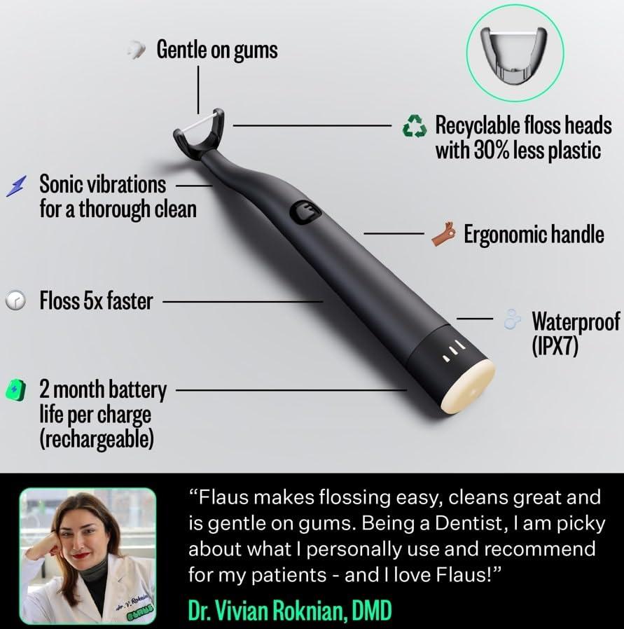 FLAUS Electric Flosser (Shark Tank) 3 Speeds + 45 Refill Heads w/Gentle Gliding Floss for Sensitive Gum Care - Water Flosser Alternative, Dentist Recommended Tooth Flossers, Eco Dental Floss Picks - Image 4
