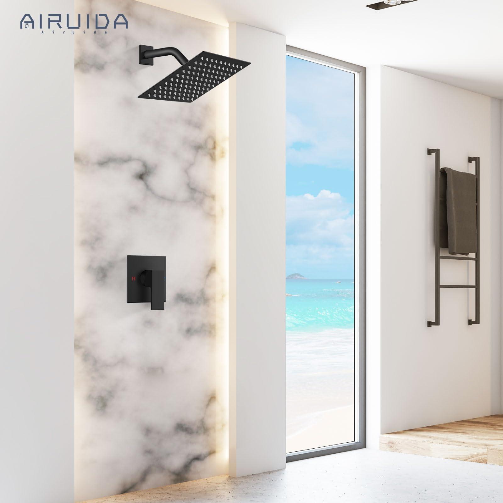 Airuida Shower Faucet Set Bathroom Rain Shower System SUS304 Stainless Steel Single Handle With Male Threads Rough-in Valve Shower Trim Kit 8 Inch Wall Mount Shower Head Matte Black - Image 2