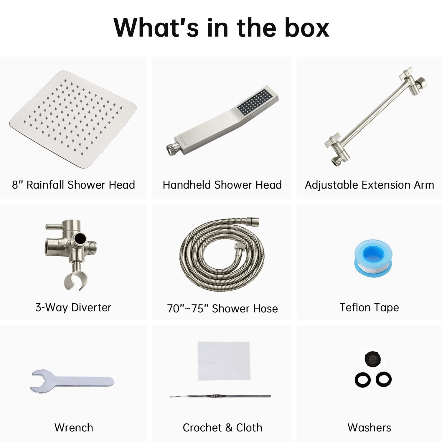 G-Promise All Metal 8 Inch Dual Square Shower Head with Handheld Combo, Rain Shower Head, Adjustable Extension Arm, Smooth 3-Way Diverter, 71 Inch Extra Long Hose - A Bathroom Upgrade (Brushed Nickel) - Image 6