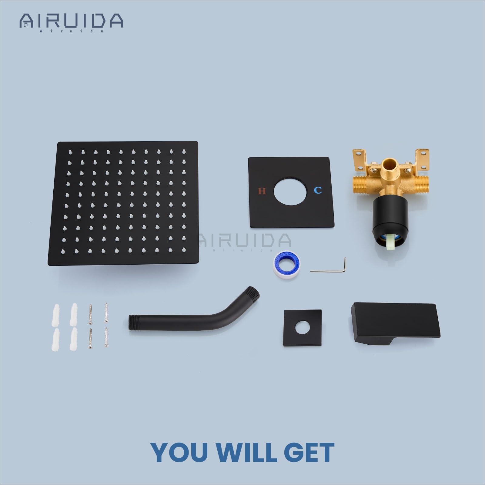 Airuida Shower Faucet Set Bathroom Rain Shower System SUS304 Stainless Steel Single Handle With Male Threads Rough-in Valve Shower Trim Kit 8 Inch Wall Mount Shower Head Matte Black - Image 9