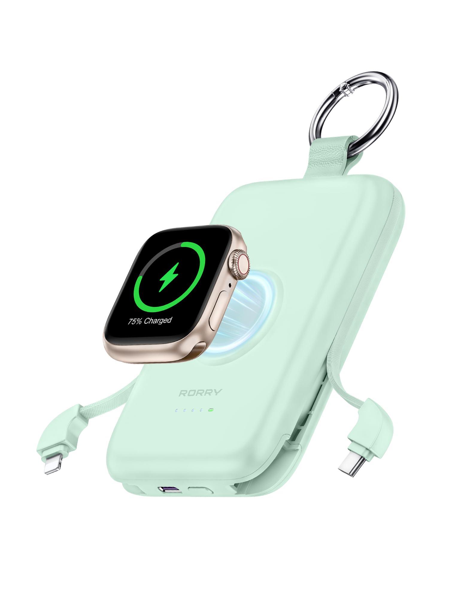 RORRY Portable Charger, 10000mAh PD 20W Fast Charging Portable Charger Power Bank with Built in Cables, Travel Battery Pack for iPhone 16/15/14/13/12/11 and Apple Watch Ultra/10/9/8/7/6/5/4/3, Green