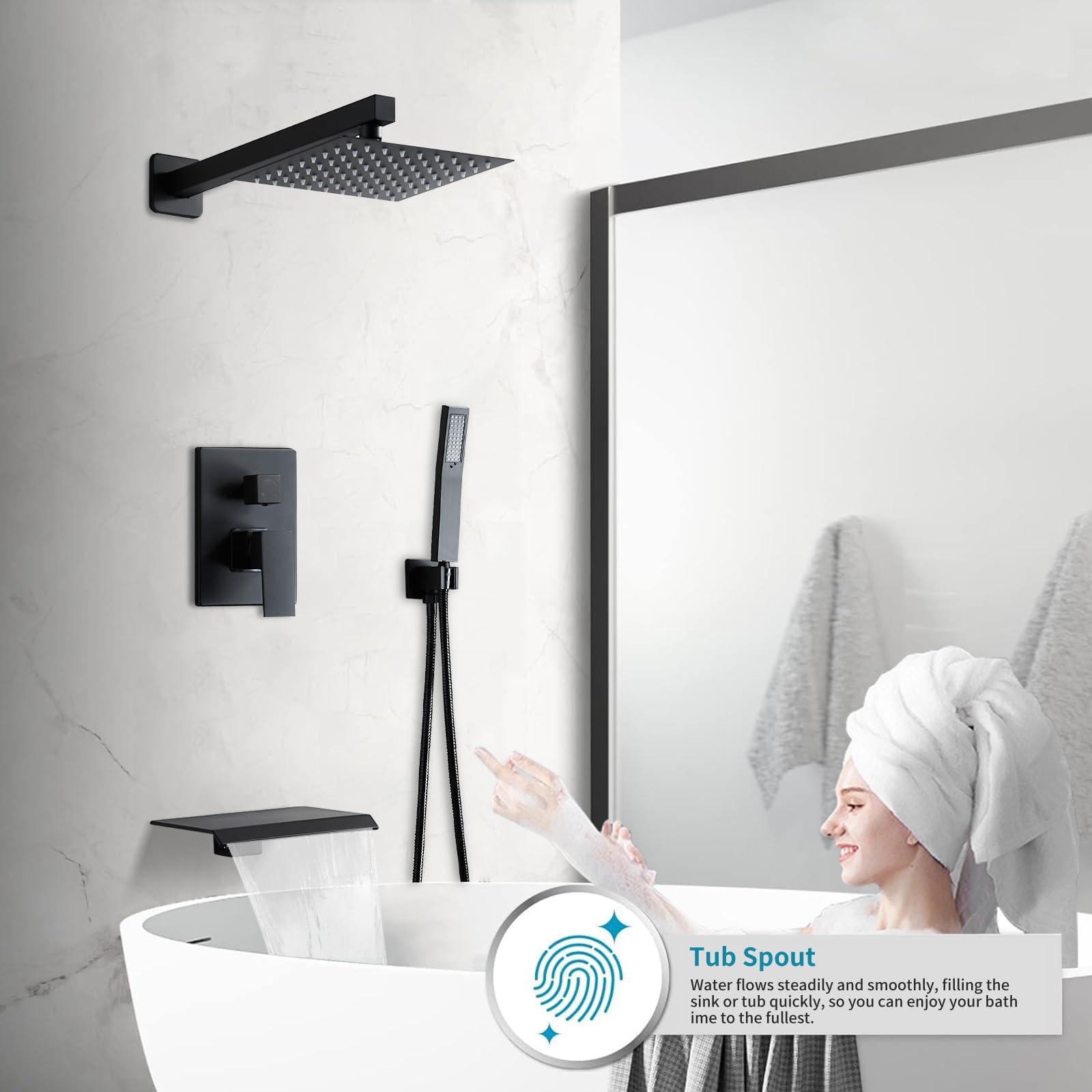 RTTWYYUU Matte Black Shower Faucet Set with Tub Spout 10 Inch, Shower Head and Handle with 2 Hooks, Tub and Shower Faucet Combo, Rain Shower and Handheld Shower System Square Wall Mount for Bathroom - Image 4