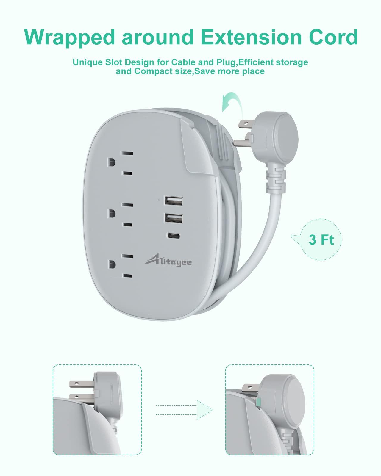 Alitayee USB C Portable Travel Power Strip with 3 Outlets 3 USB Ports Fast Charge, USB Extendable Outlet Extender with Flat Plug and 3ft Wrapped Around Extension Cord for Cruise Travel Home Office - Image 4