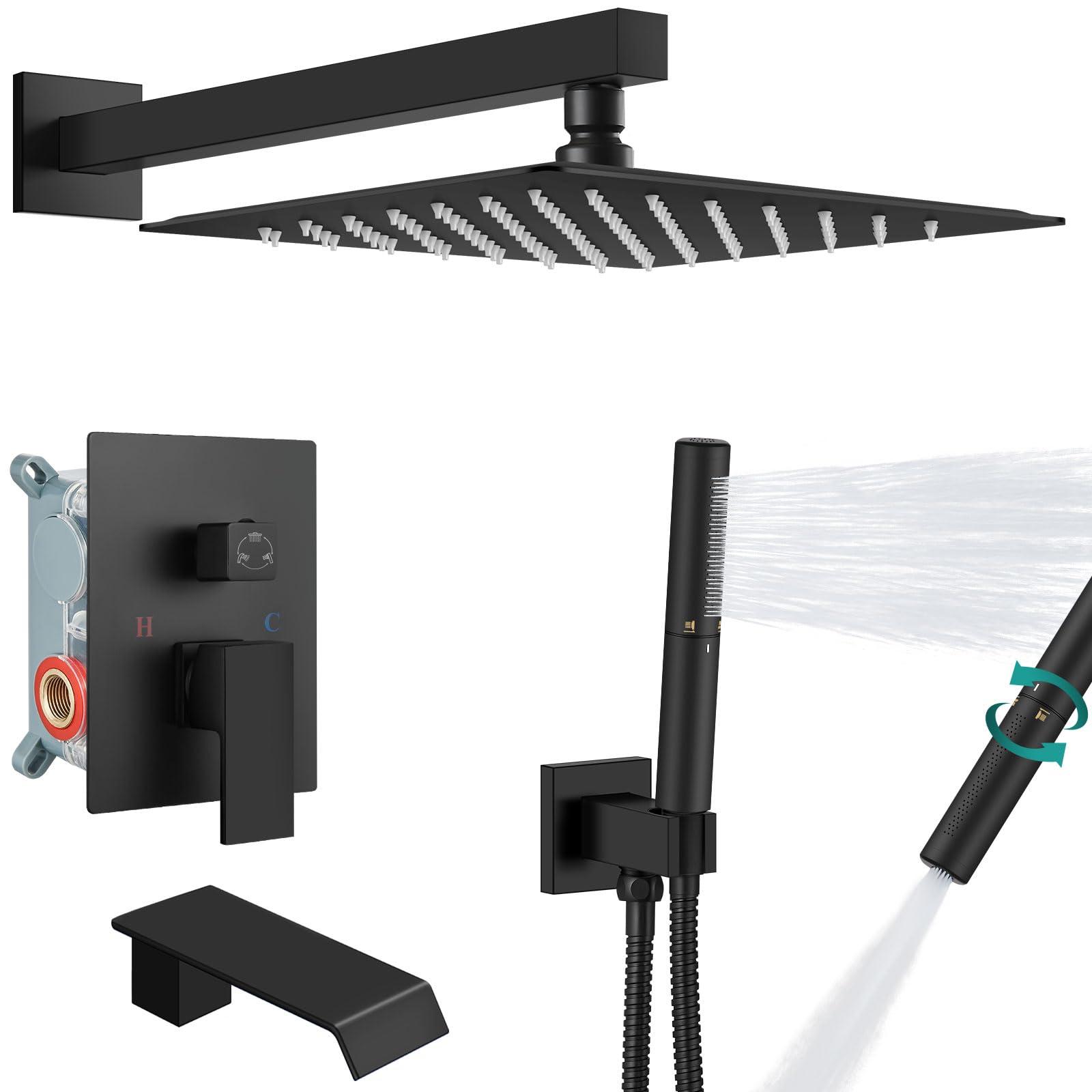 Aolemi 10 Inch Rainfall Shower Tub Faucet Set Wall Mount Tub and Shower Faucet Combo Shower System with 2 in 1 Handheld Sprayer Rough-in Valve Matte Black