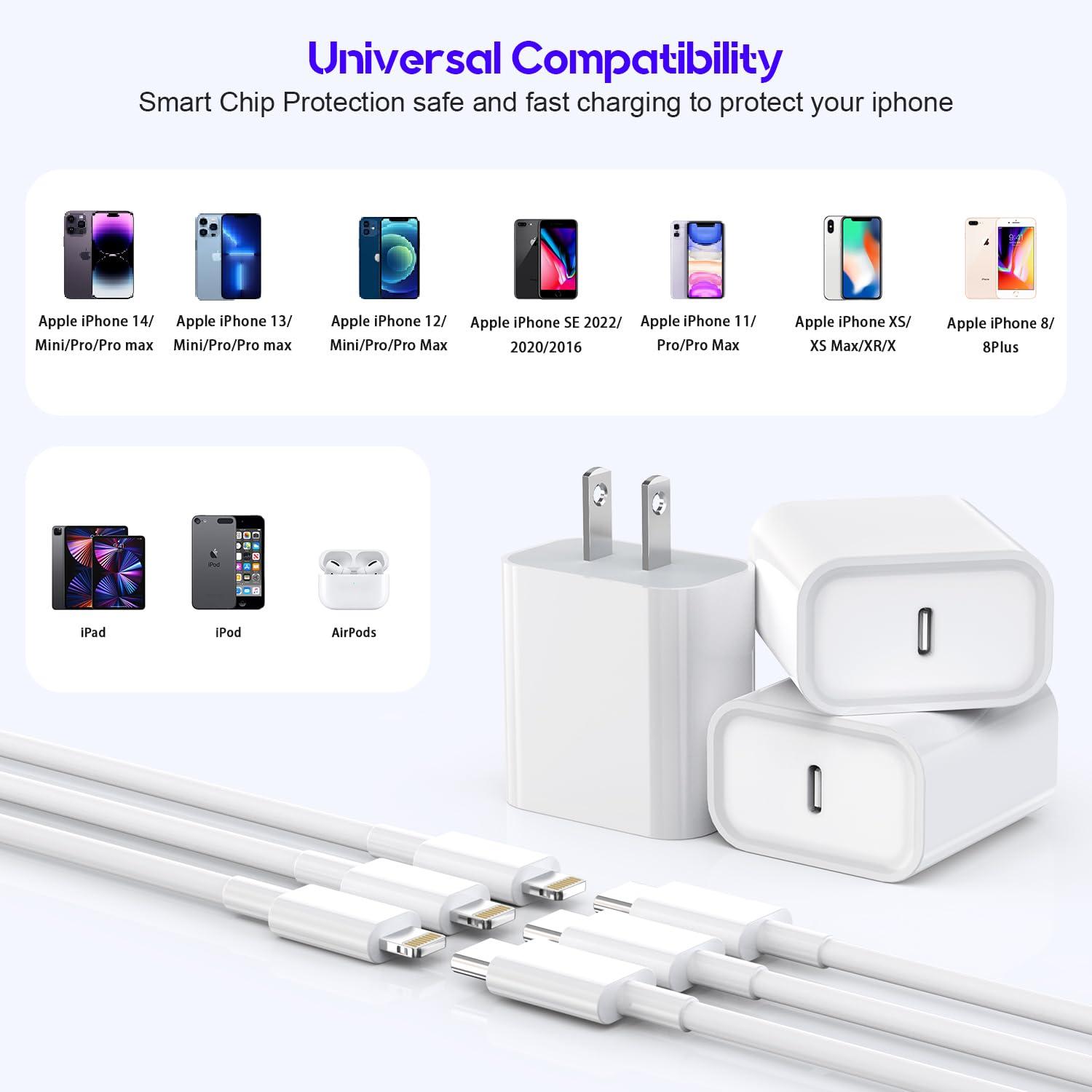10Foot Fast iPhone Charging Cable,3-Pack Super Fast iPhone Charger USB C Charging Block Wall Charger PD Adapter with 10FT Type C to Lightning Cable Cord for iPhone 14/13/12/11Pro Max/XS Max/XS/XR/8/SE - Image 7