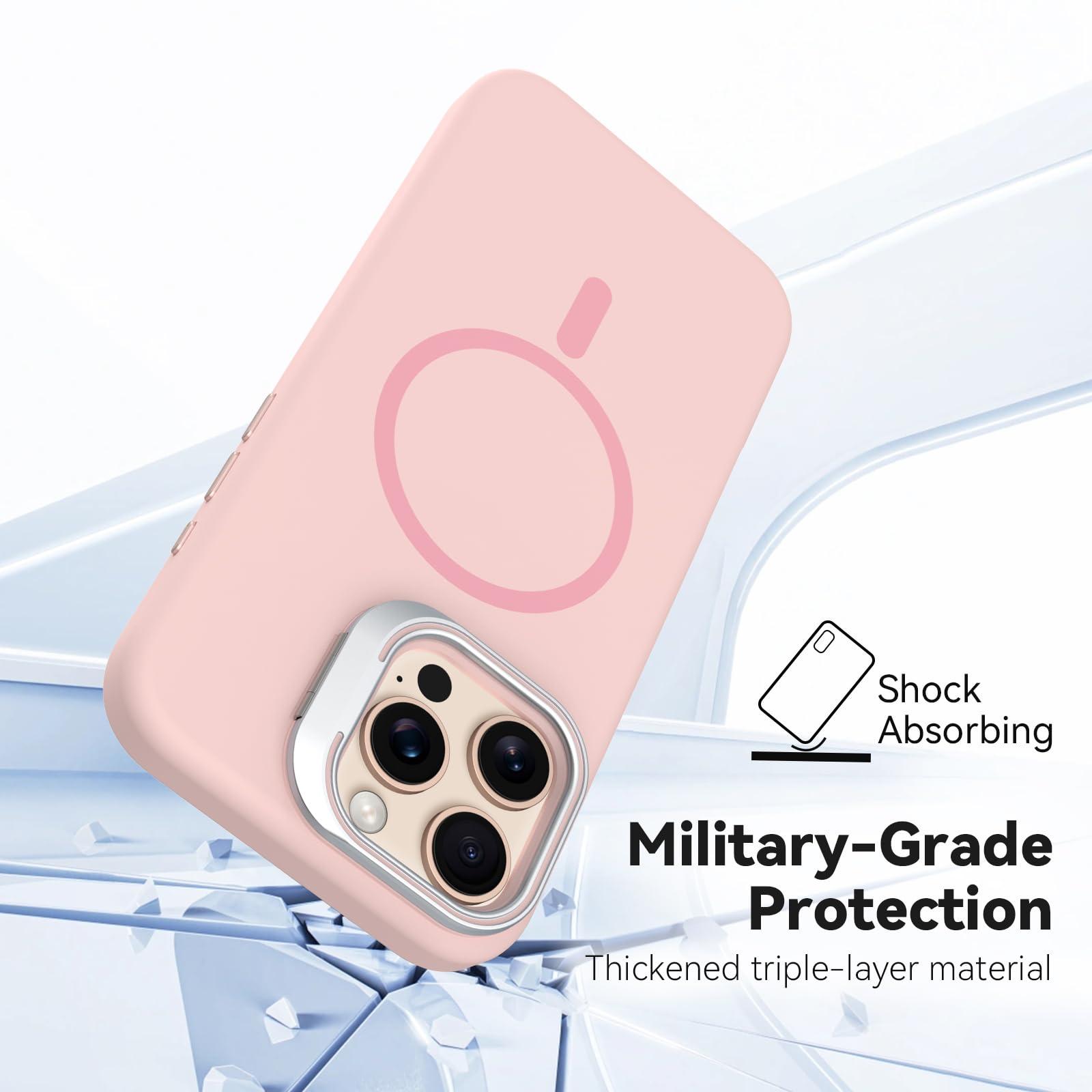Vanxiliiy for iPhone 16 Pro Max Liquid Silicone Case with Invisible Camera Ring Stand Compatible with Magsafe, Slim Metal Buttons Anti-Impact Magnetic Protective Case for iPhone 16 Pro Max 6.9", Pink - Image 9
