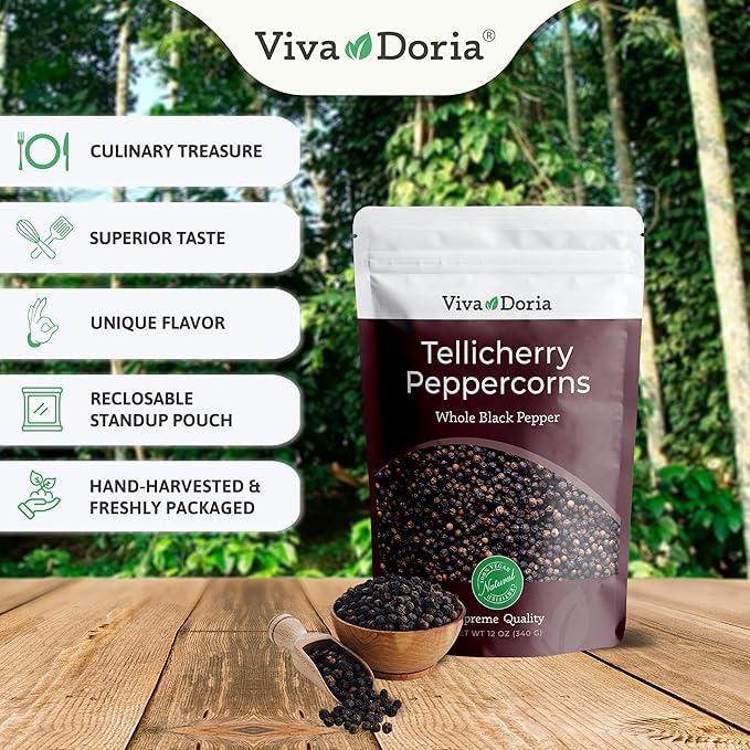 Viva Doria Tellicherry Black Peppercorn, Whole Black Pepper, Black Peppercorns, 12 Oz and Mediterranean Sea Salt, Coarse Grain, 2 lb, For Grinder Refills (2 Set) - Image 3