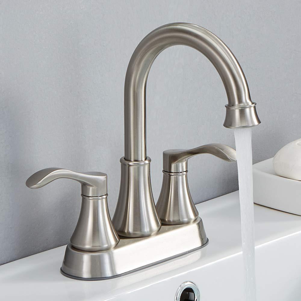 Lead-Free Commercial 2-Handle Brushed Nickel Bathroom Sink Faucet, 360° Swivel High-Arc Spout 4 Inch Centerset Lavatory Vanity Faucets Set for Bathroom Sink with Pop-up Drain & Water Hoses