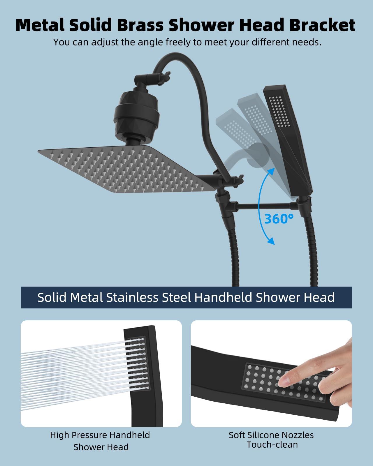Hibbent All Metal 10'' Filtered Rainfall Shower Head Combo, High Pressure Handheld Shower Wand, 12'' Adjustable Extension Arm, 20 Stage Shower Filter, 71'' Hose, 2 Shower Head Holders, Matte Black - Image 7