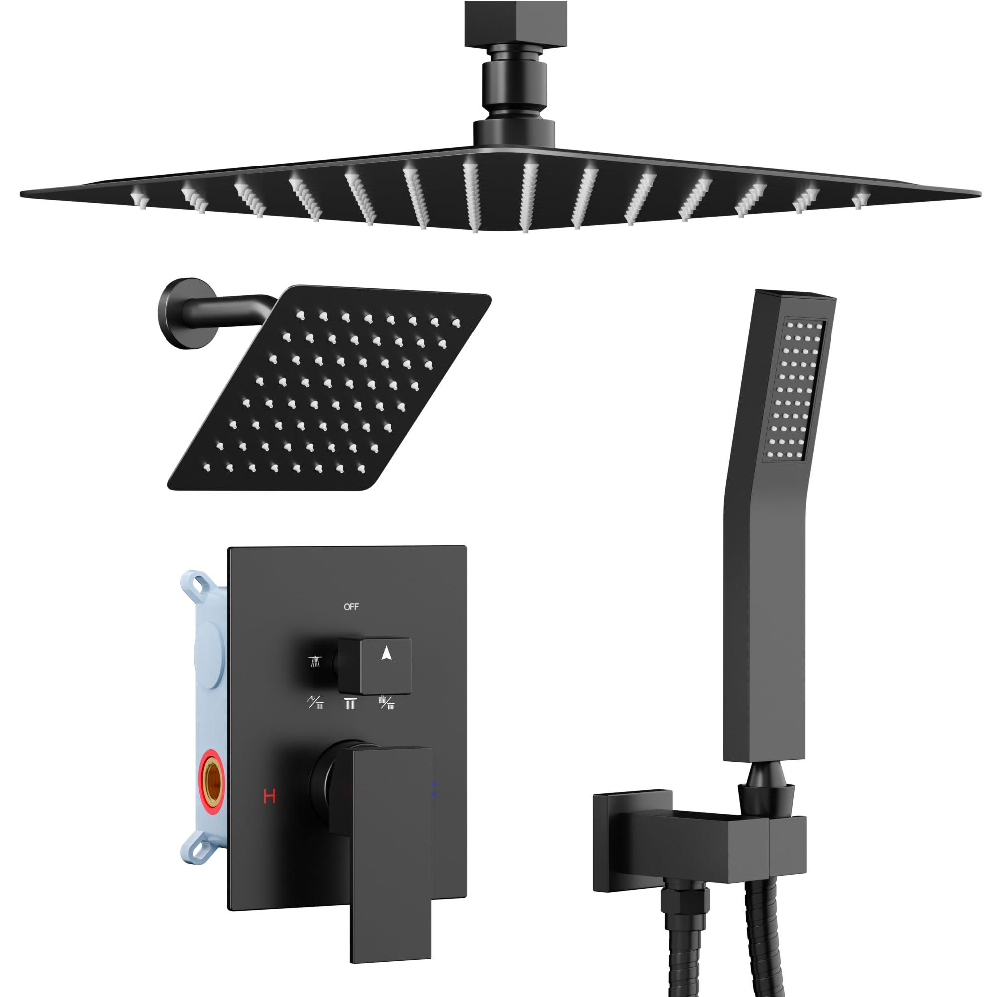 Shower Faucet Set Ceiling Shower System, STARBATH 12+6" Dual Rain Shower Head with Handheld Spray for Two People,Rainfall 3 Way Shower Valve with 5 Diverter and Trim Kit Complete, Matte Black