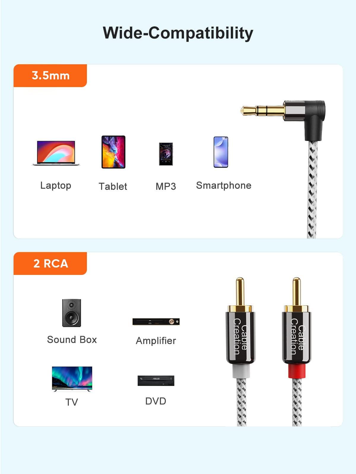 CableCreation 3.5mm to RCA Cable, Angle 3.5mm Male to 2RCA Male Auxiliary Stereo Audio Y Splitter Gold-Plated for Smartphones, MP3, Tablets, Speakers, Echo Dot, Home Theater, HDTV, 10FT/3M - Image 5