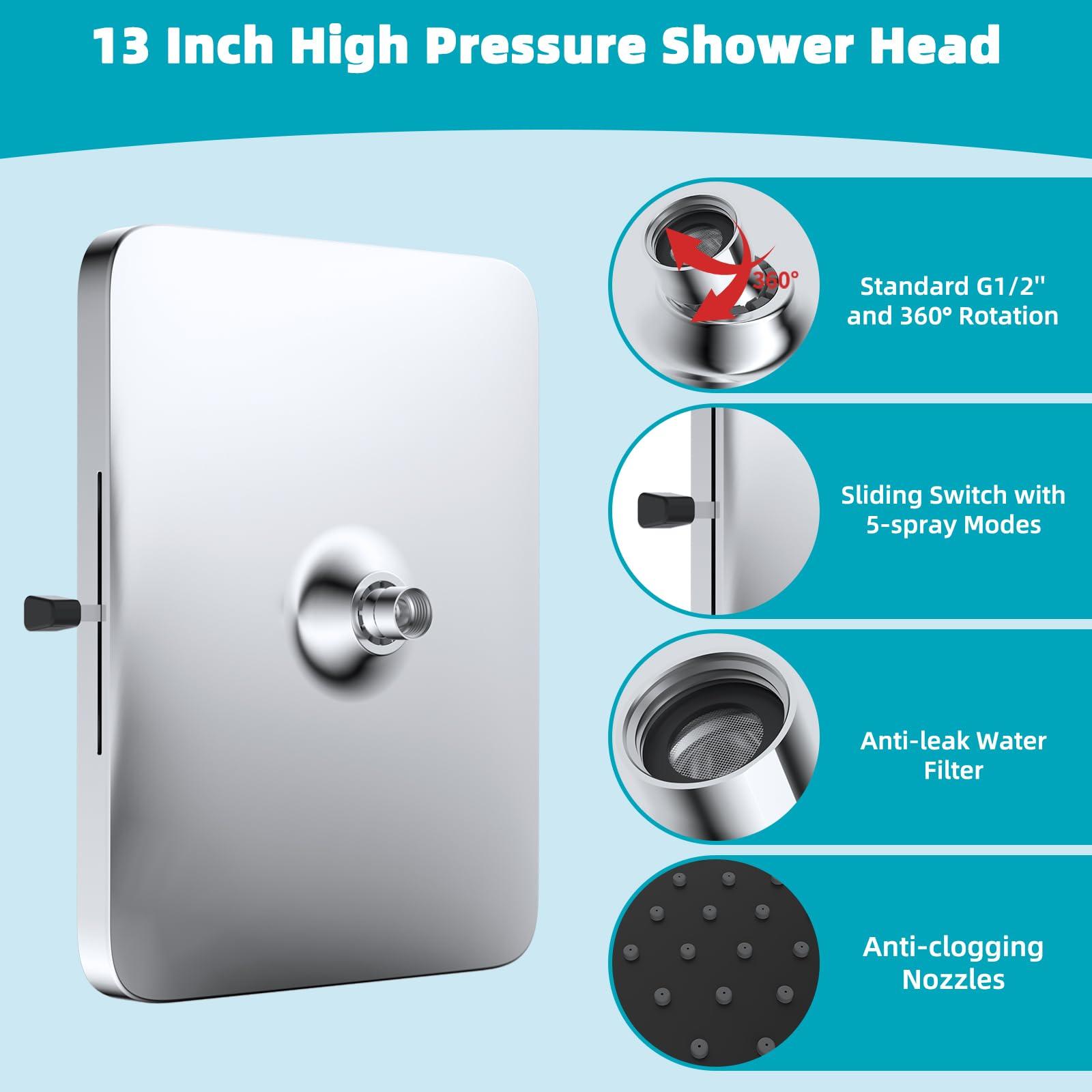 Hibbent 5 Spray Modes Shower Head, 13'' High Pressure Rain Shower Head, Large Rainfall Showerhead for Bathroom, High Flow Waterfall Fixed Showerheads with Adjustable Swivel Ball Joint, Chrome - Image 7